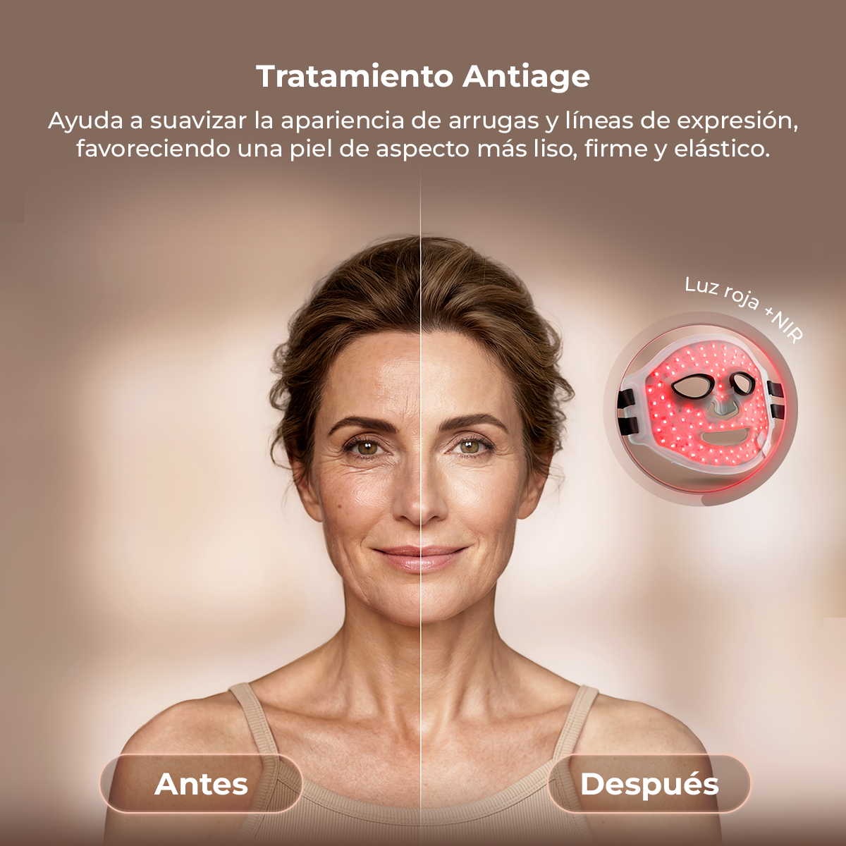 Confronto prima e dopo della pelle di una donna dopo un trattamento antirughe con maschera LED.