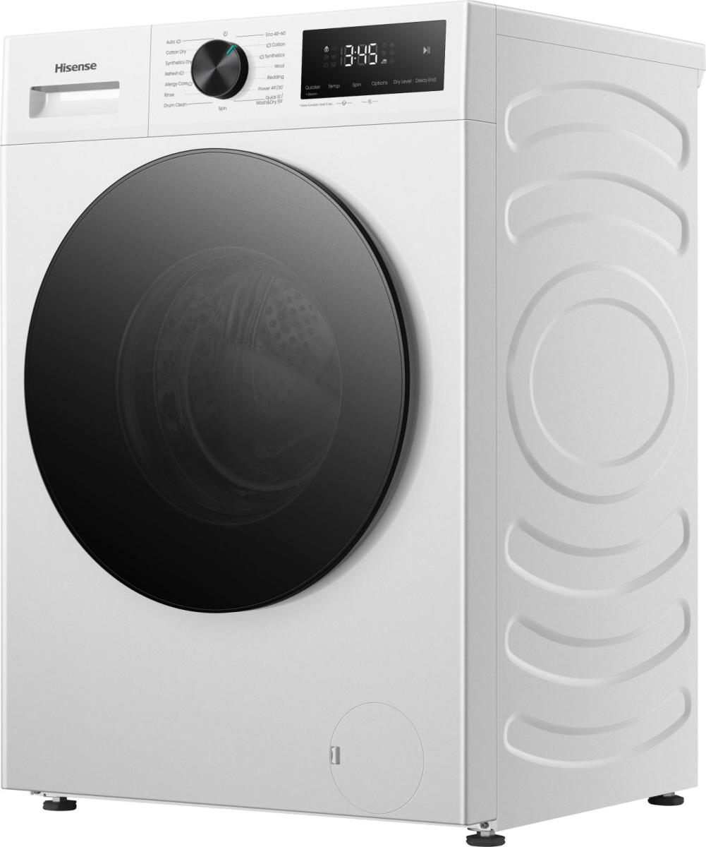 Lavadora Hisense blanca con puerta de cristal negra y pantalla digital.