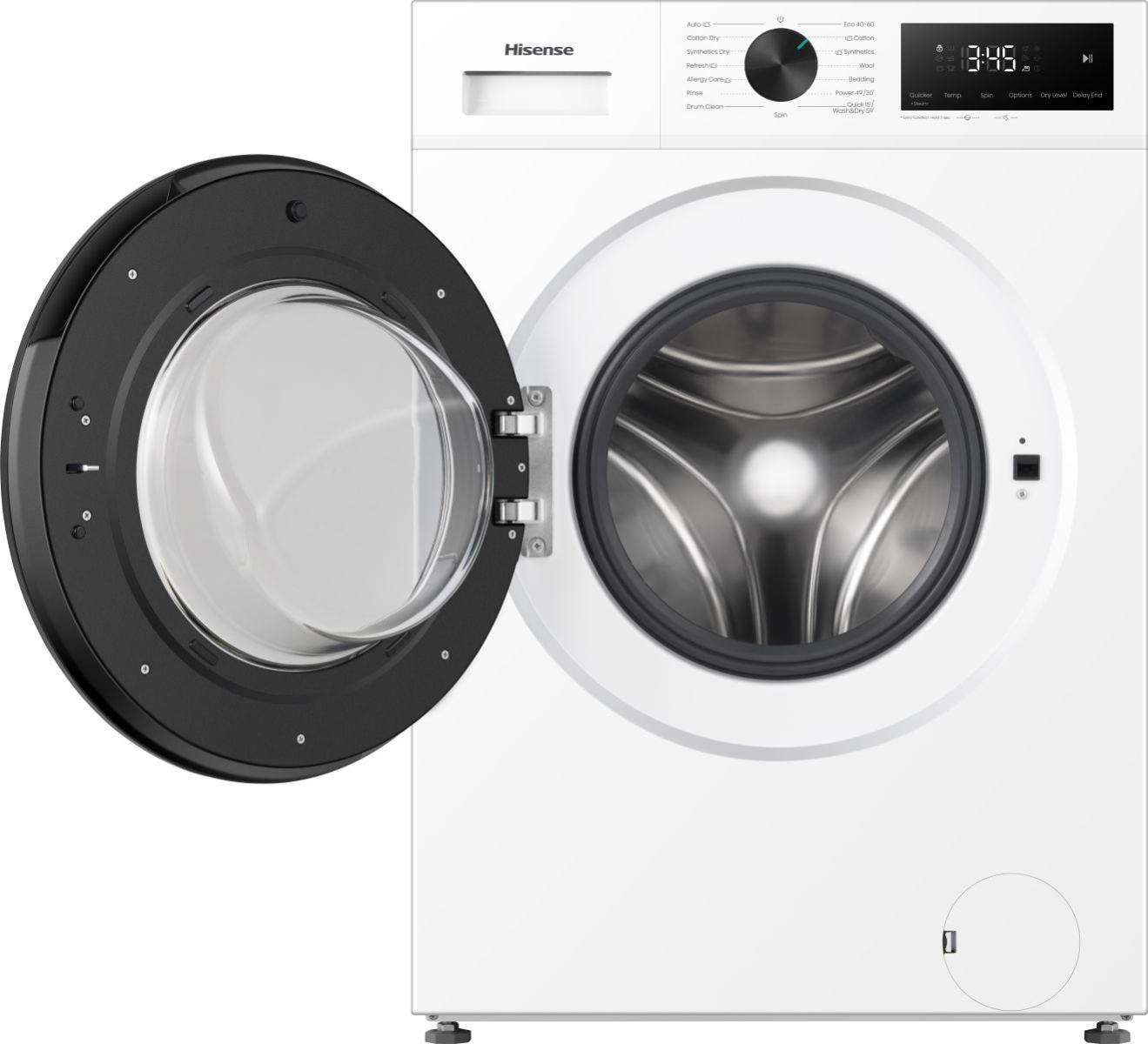 Lavadora Hisense blanca con puerta de ojo de buey abierta, panel de control negro y selector giratorio.