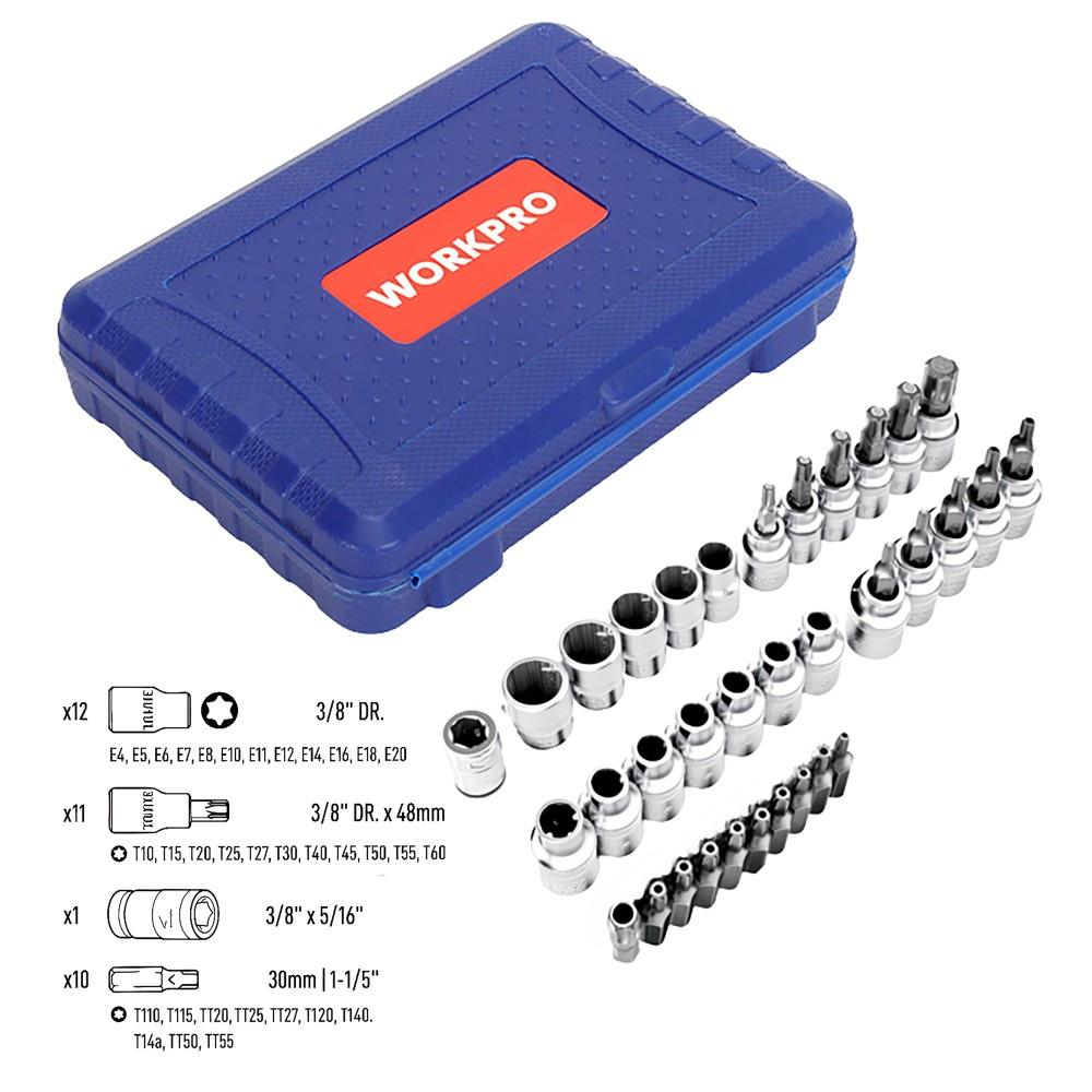 Mavi Workpro alet çantası ve çeşitli Torx soketleri ile uçları.