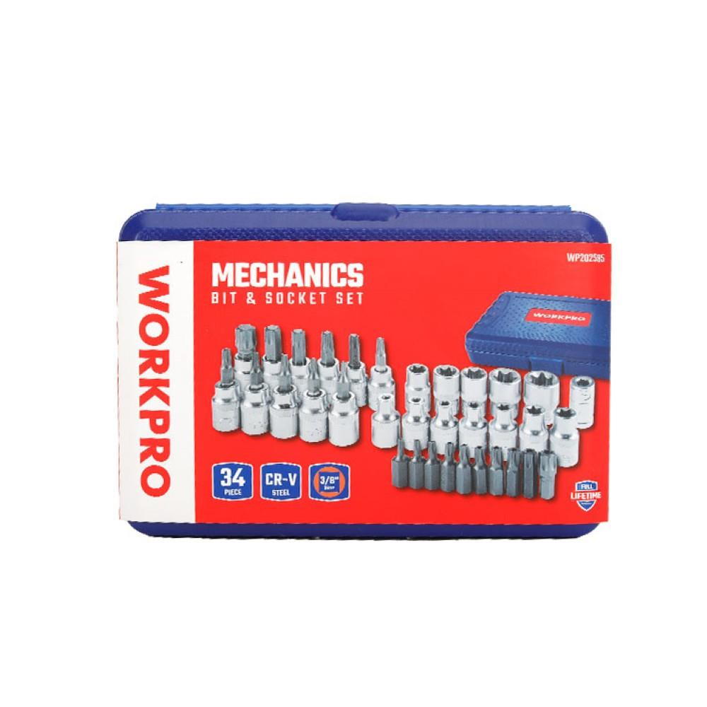 Mavi ve kırmızı ambalajında Workpro 34 parça mekanikçi uç ve soket seti.