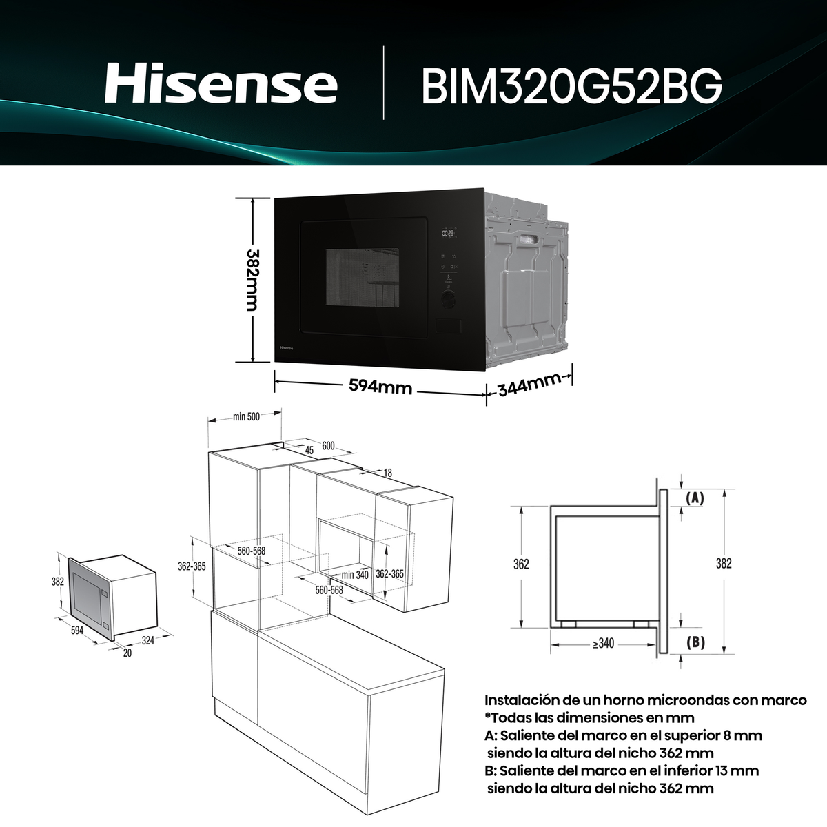 Hoja de especificaciones de microondas Hisense BIM320G52BG con dimensiones y diagrama de instalación.