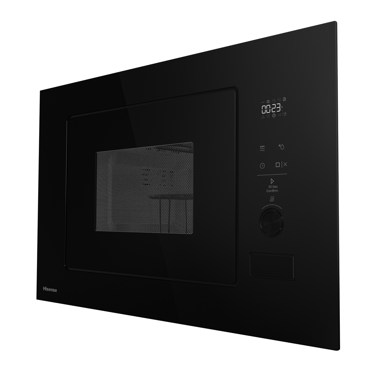 Un elegante microondas empotrable negro con pantalla digital y controles táctiles.