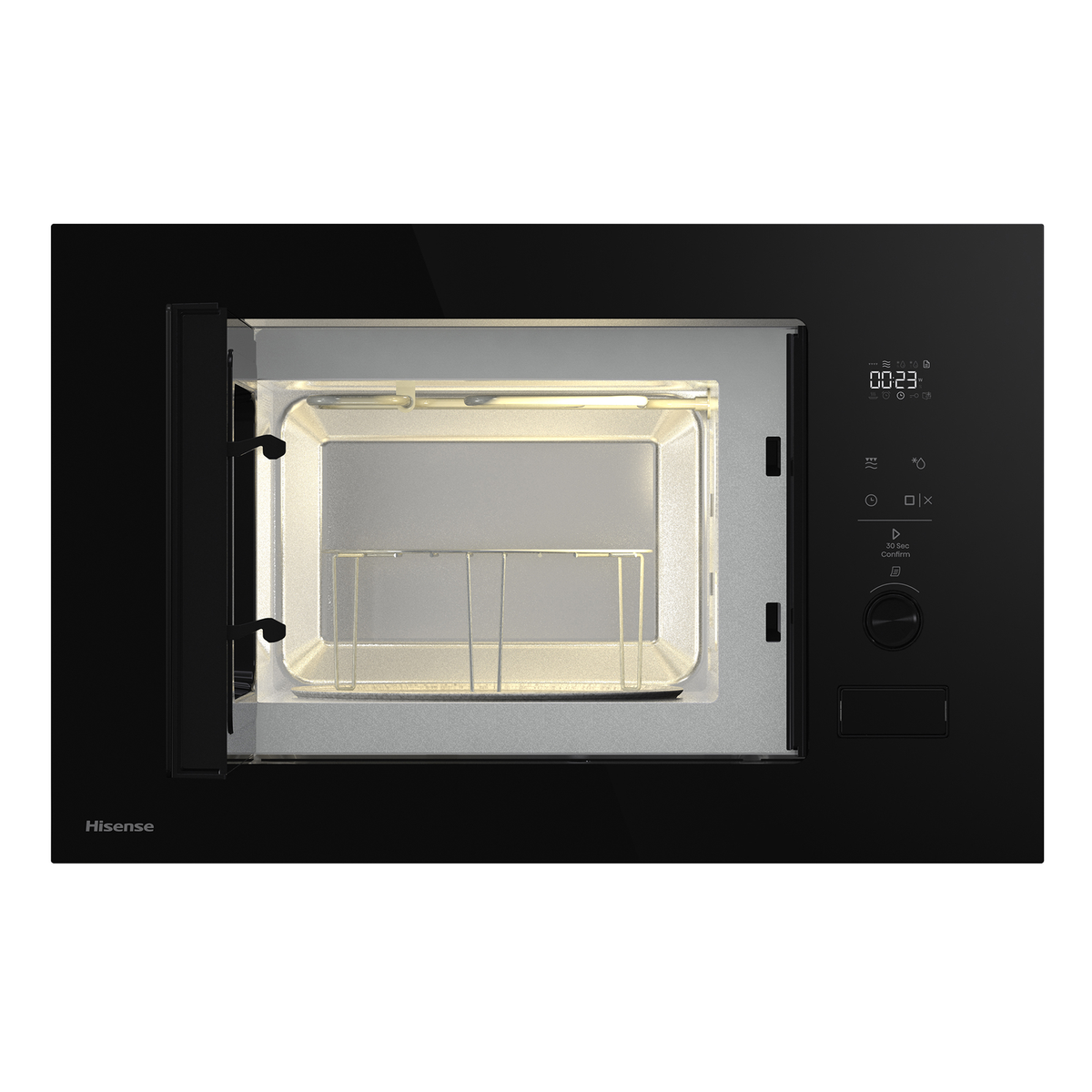 Microondas Hisense negro con interior iluminado, rejilla para grill y panel de control digital lateral.