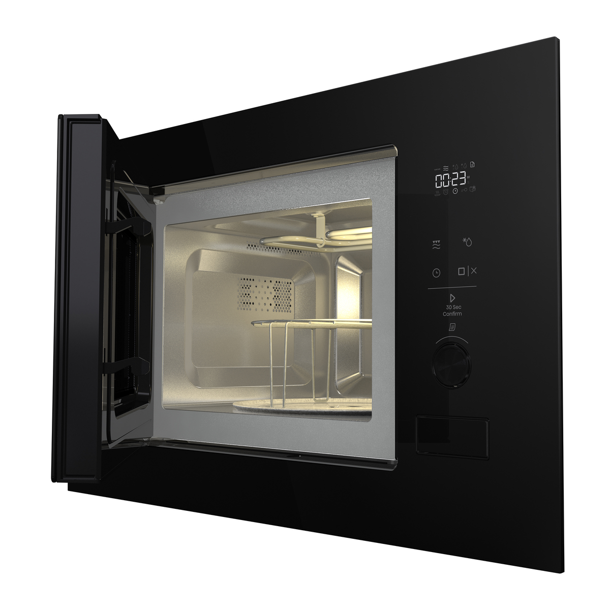 Microondas empotrable negro con puerta abierta, interior iluminado, rejilla para grill y panel táctil.