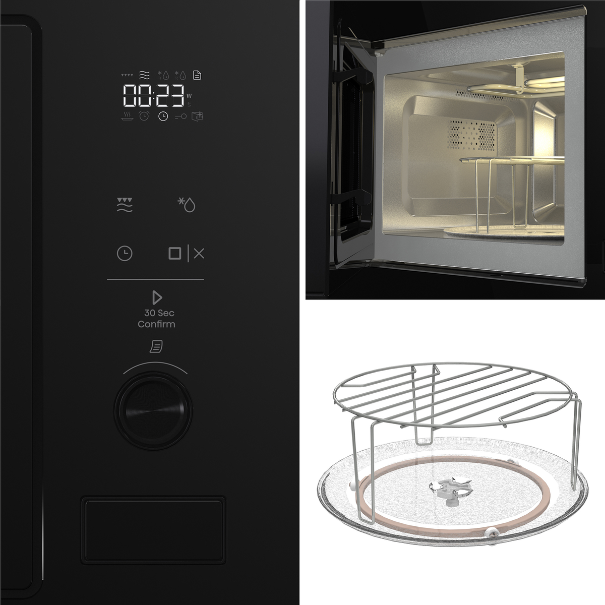 Microondas negro con pantalla digital, cavidad interior abierta y rejilla metálica sobre plato giratorio.