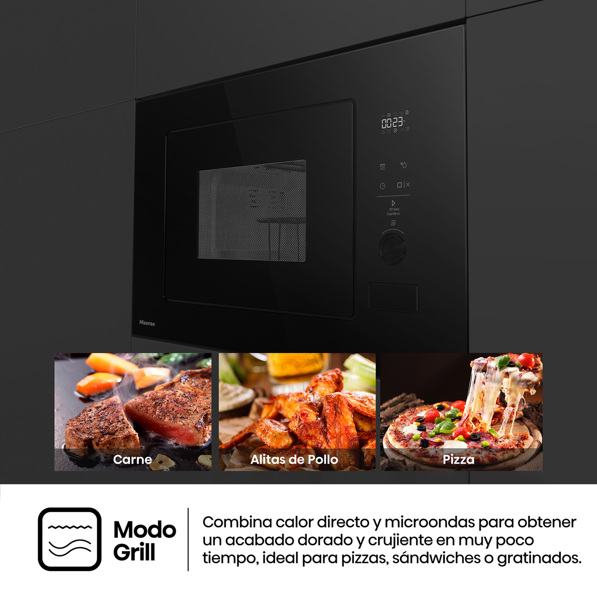 Microondas negro empotrable con tres imágenes de comida y texto sobre su modo grill.