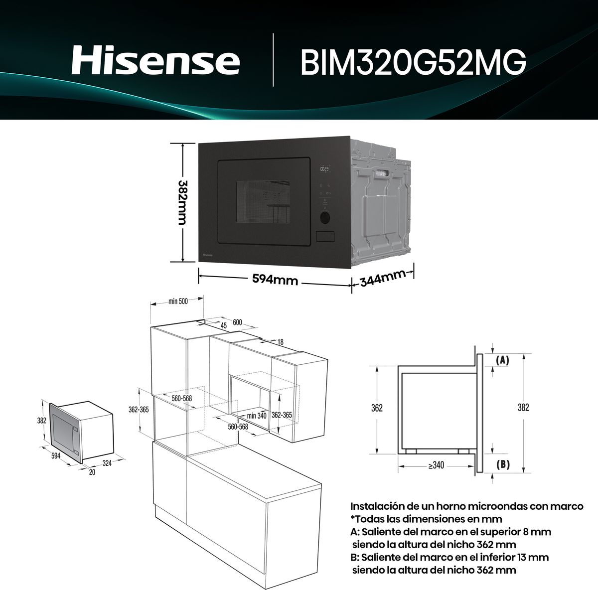 Dibujo técnico con dimensiones para el microondas Hisense BIM320G52MG.