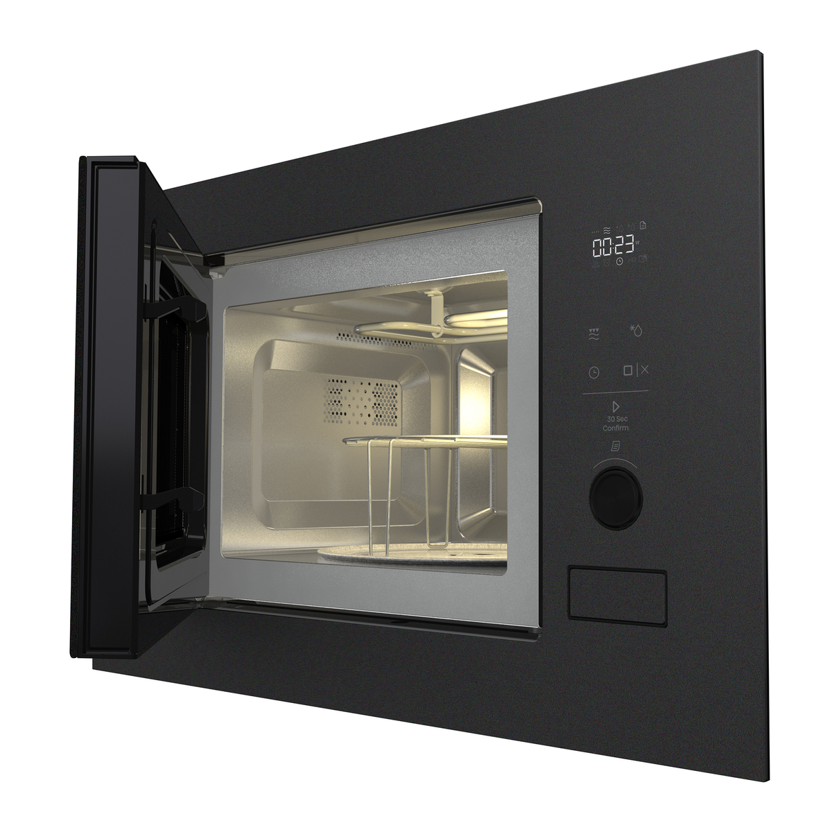 Microondas empotrable negro con puerta abierta, interior iluminado y pantalla digital.