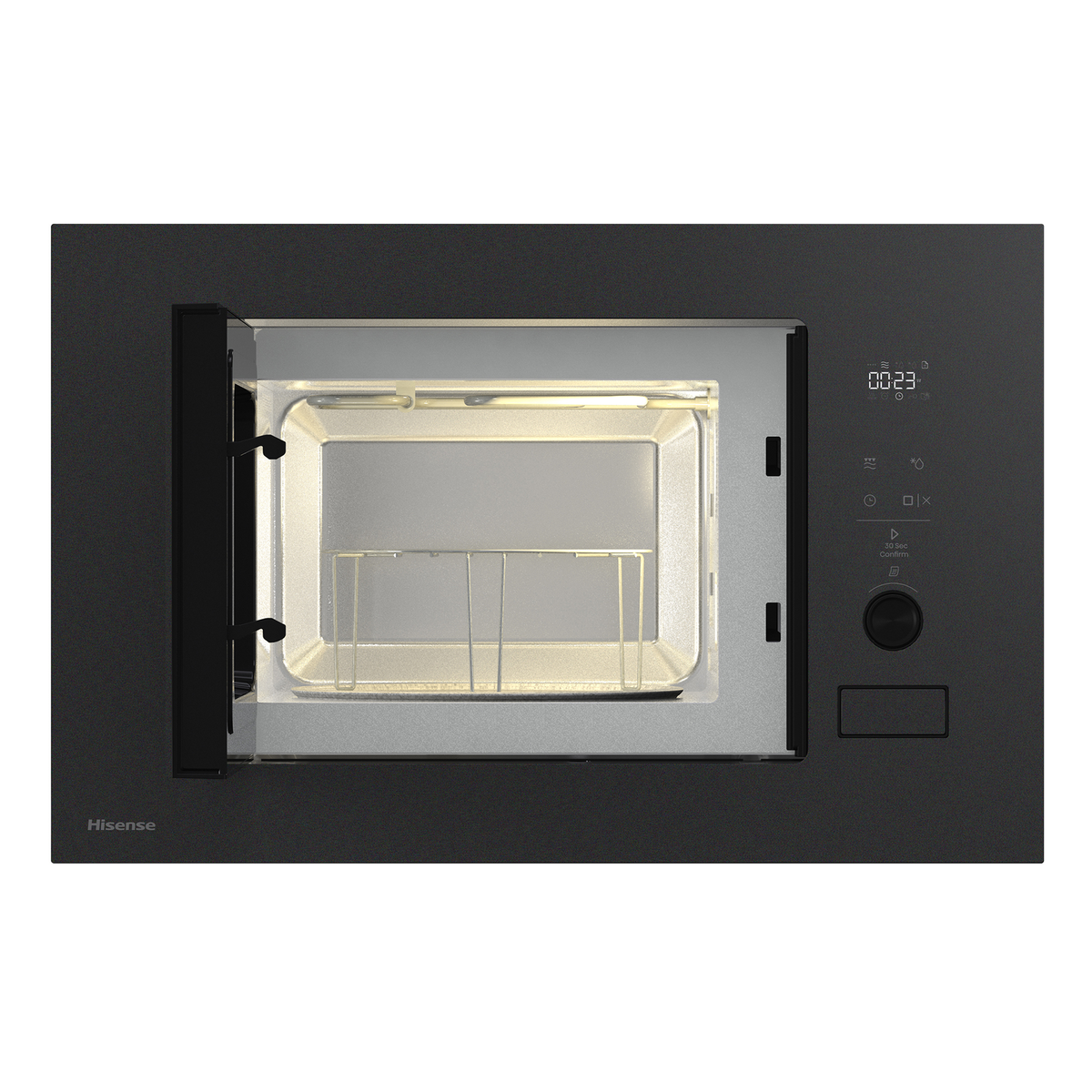Microondas negro Hisense con puerta abierta, interior iluminado, rejilla para grill y controles digitales.