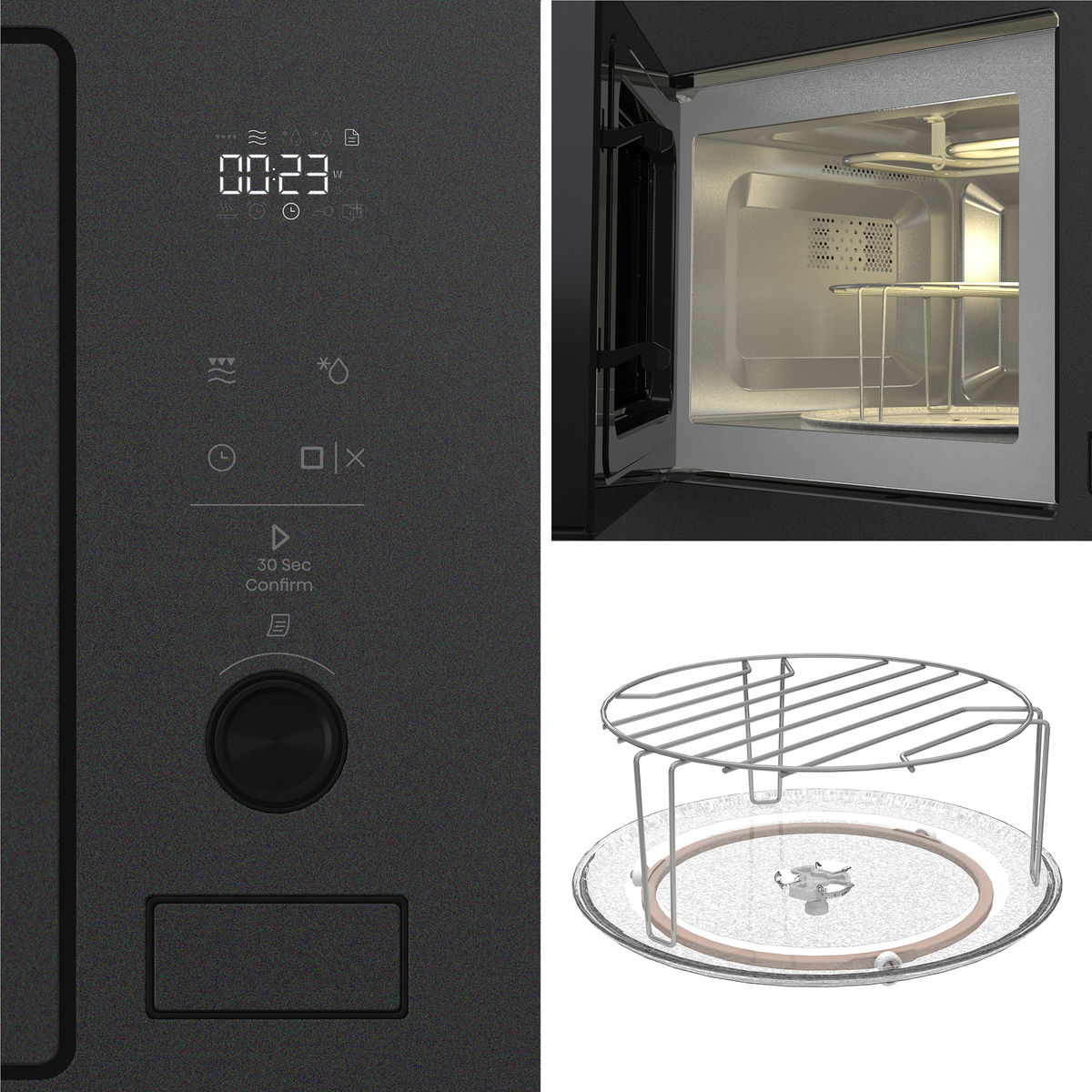 Microondas negro con pantalla digital, interior abierto con rejilla y rejilla redonda separada en plato giratorio.