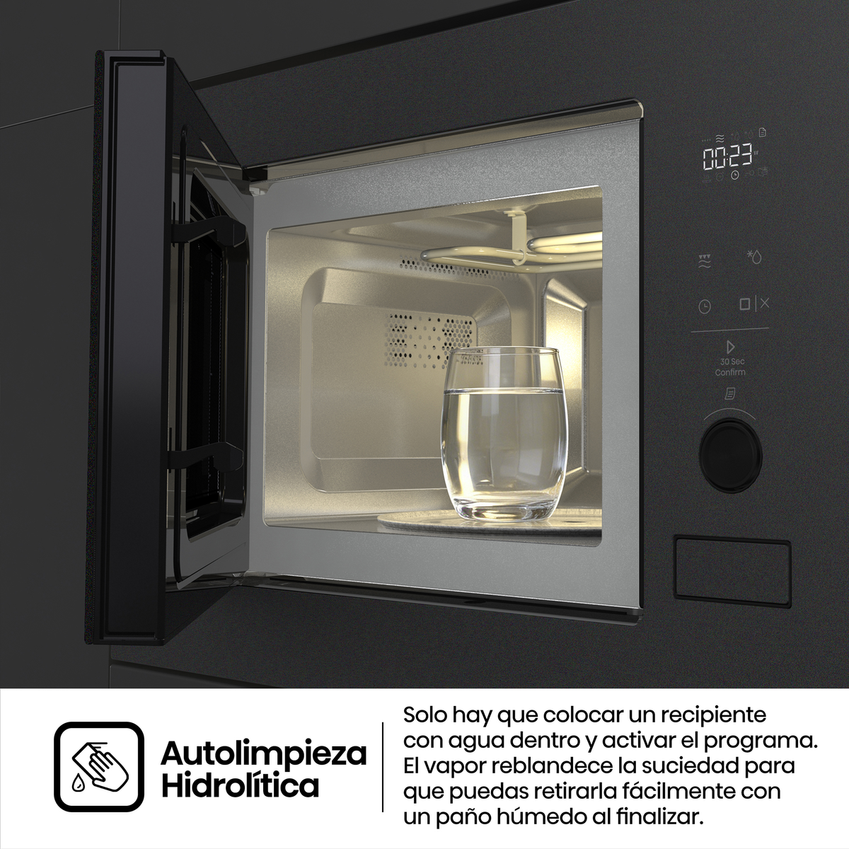 Microondas negro abierto con un vaso de agua dentro del interior iluminado y texto abajo.