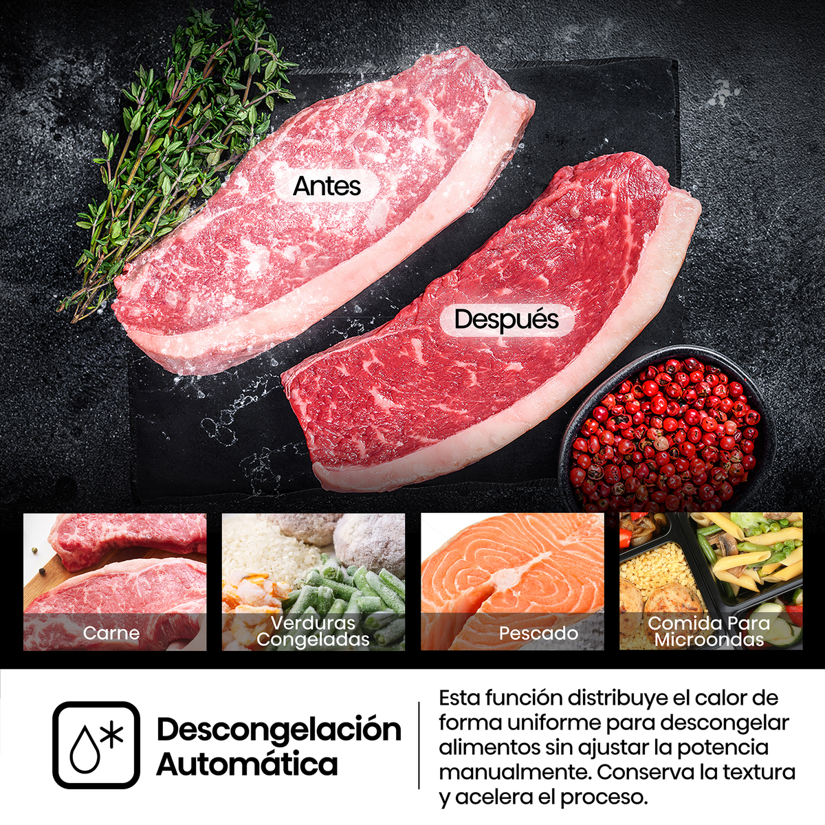 Imagen de antes y después de un bistec descongelándose, con hierbas frescas, granos de pimienta roja e iconos de alimentos.