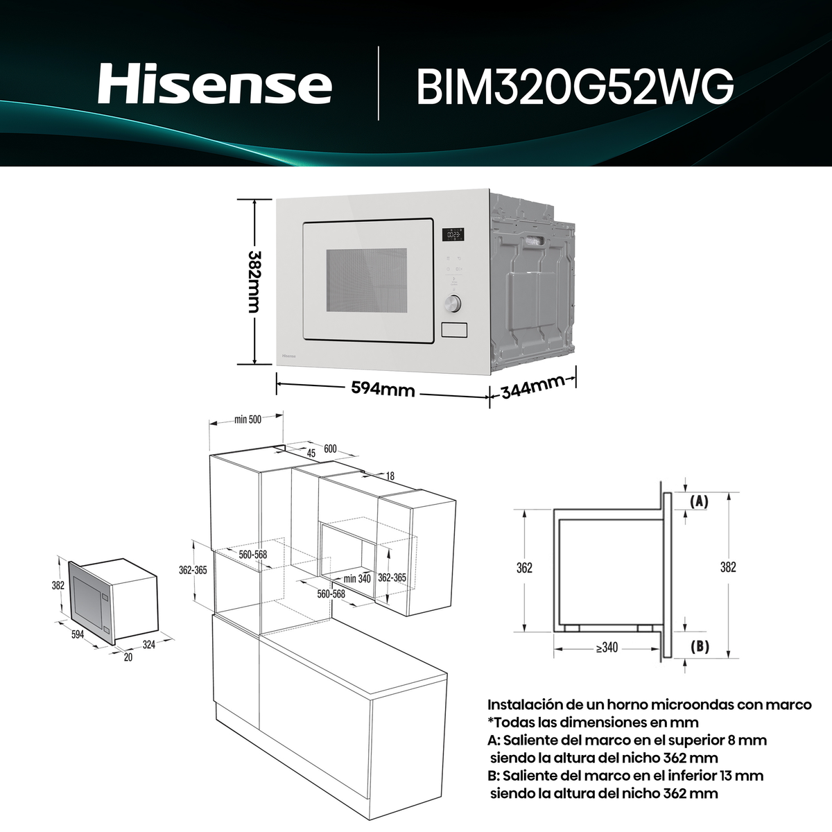 Microondas Hisense BIM320G52WG con dimensiones técnicas y detalles de instalación.