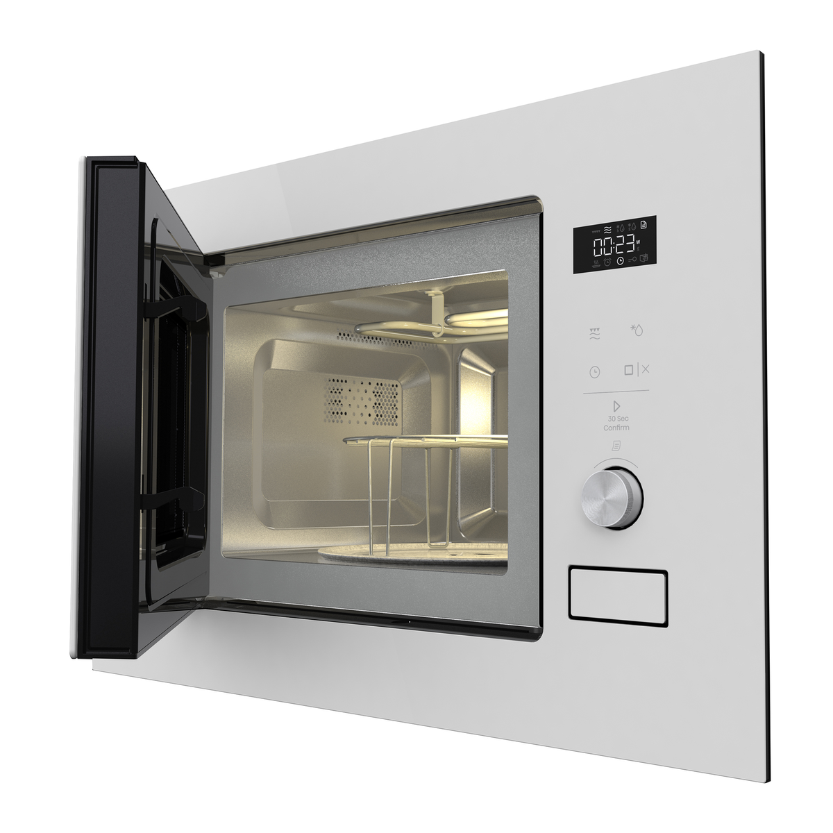 Moderna microondas blanca empotrada con puerta abierta, pantalla digital e iluminación interior.