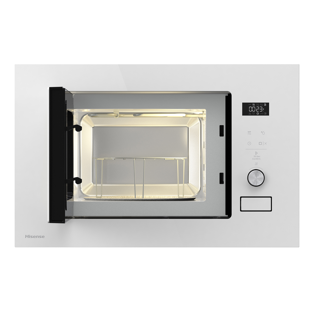 Microondas empotrable Hisense blanco con puerta abierta, pantalla digital, mando de control e interior iluminado con rejilla.