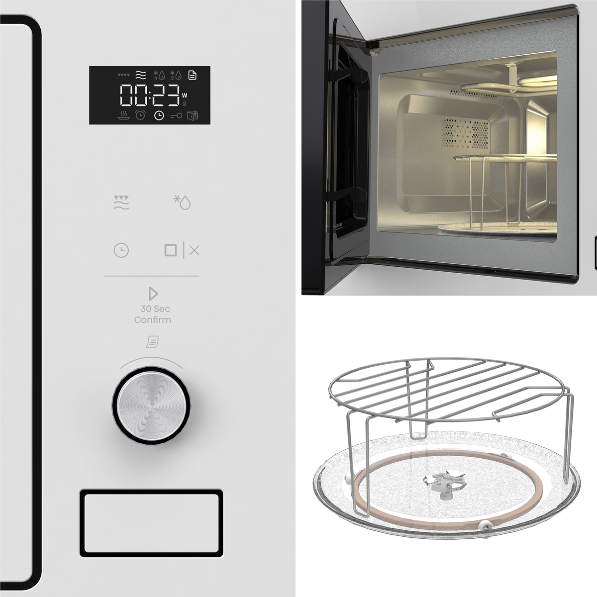Panel de control del microondas blanco, interior iluminado y rejilla metálica en plato giratorio.