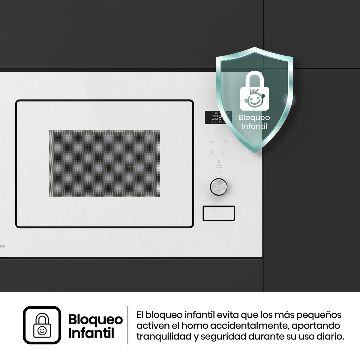 Un microondas blanco con icono de bloqueo infantil y texto.