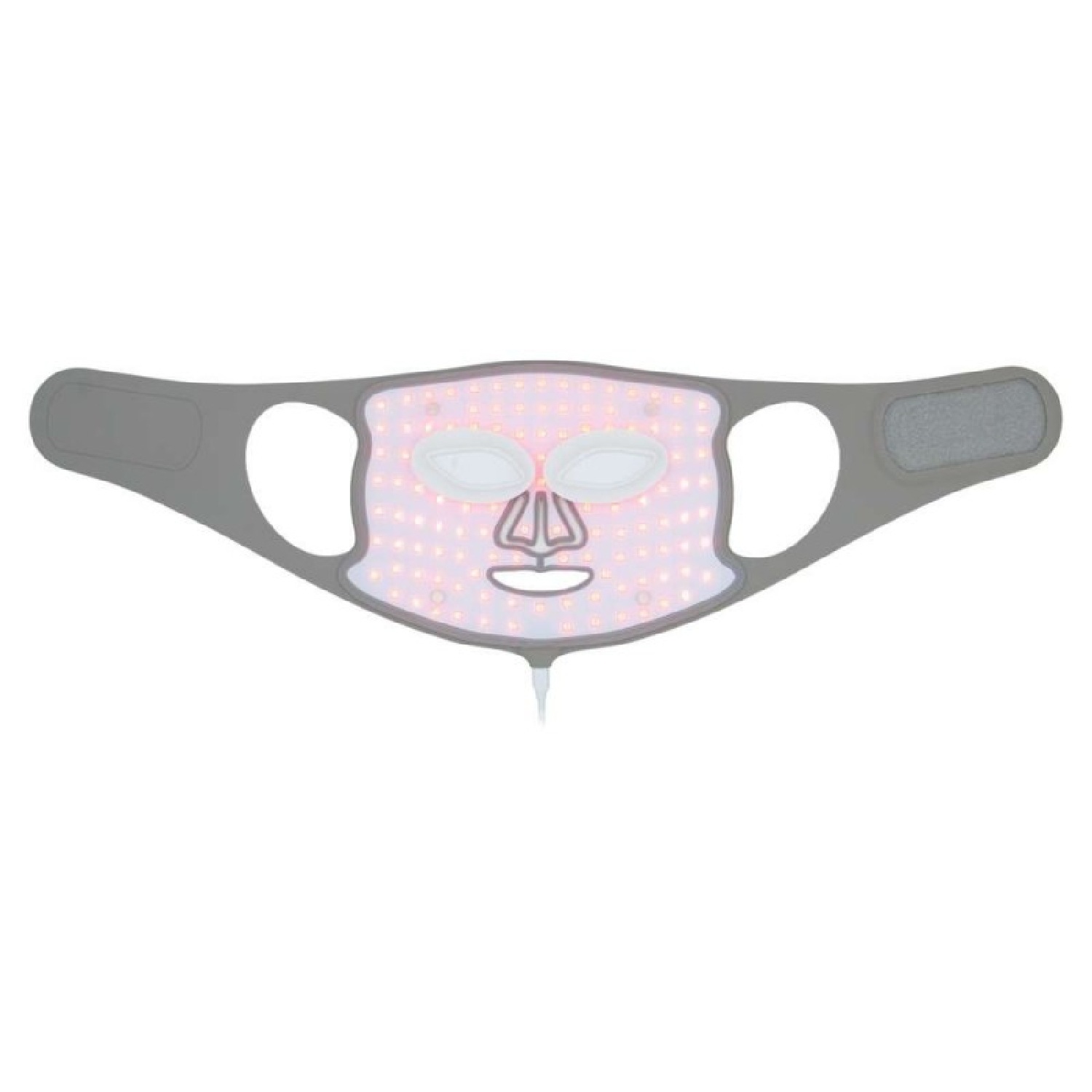 Una maschera facciale per terapia a luce LED grigia con luci rosa su sfondo bianco.