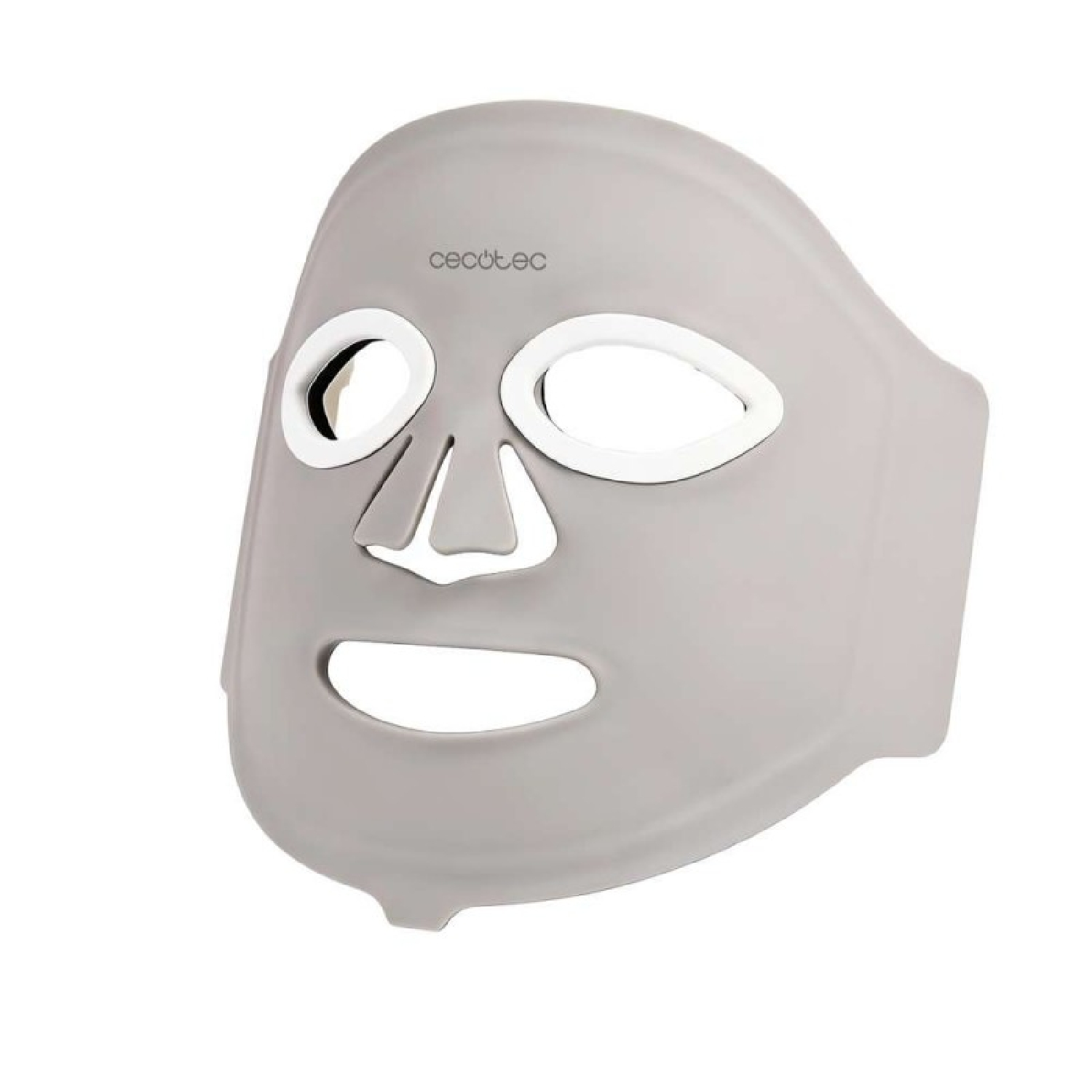 Una maschera facciale grigia con bordi bianchi intorno agli occhi e la scritta cecotec.