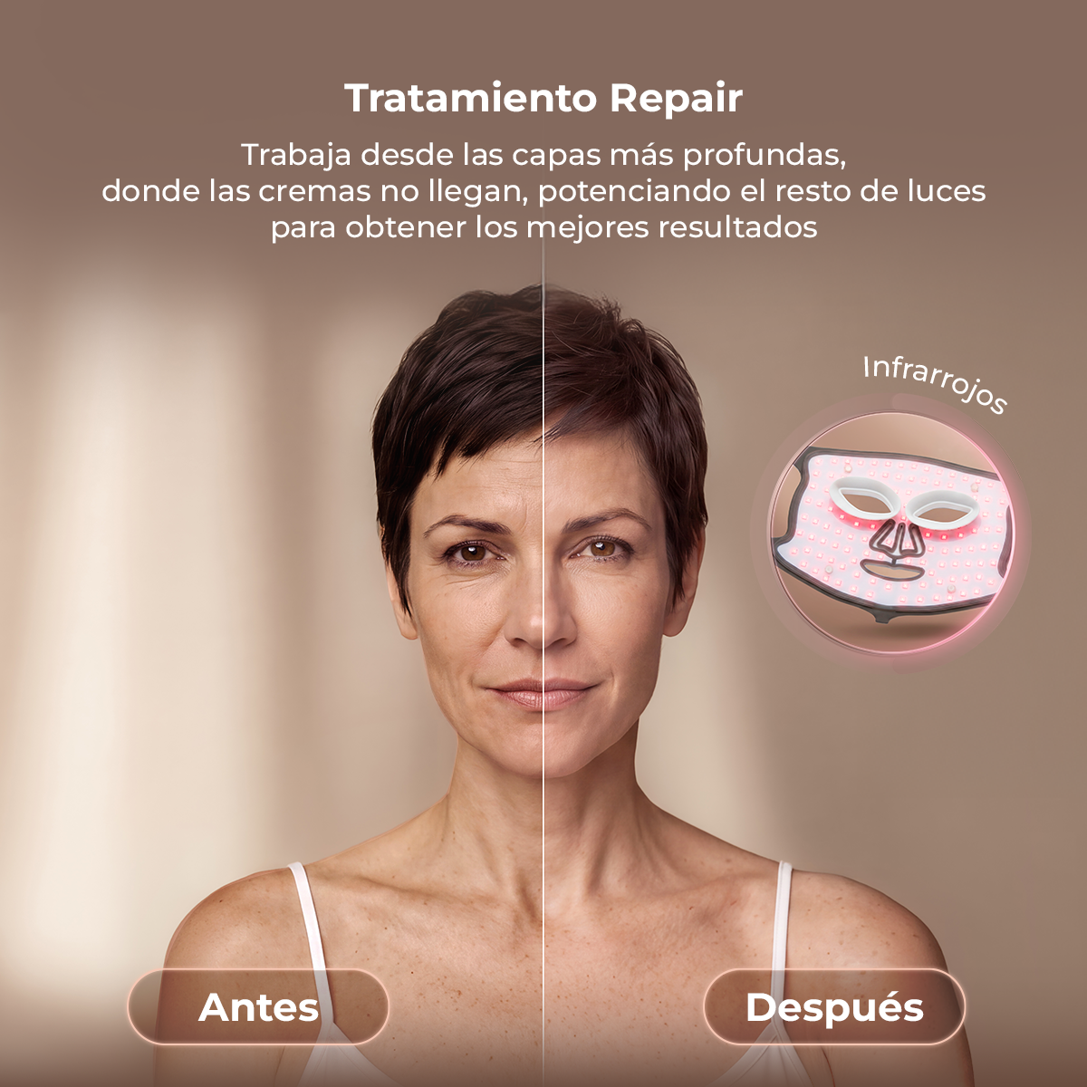 Immagine comparativa prima e dopo di un trattamento viso con luce infrarossa.