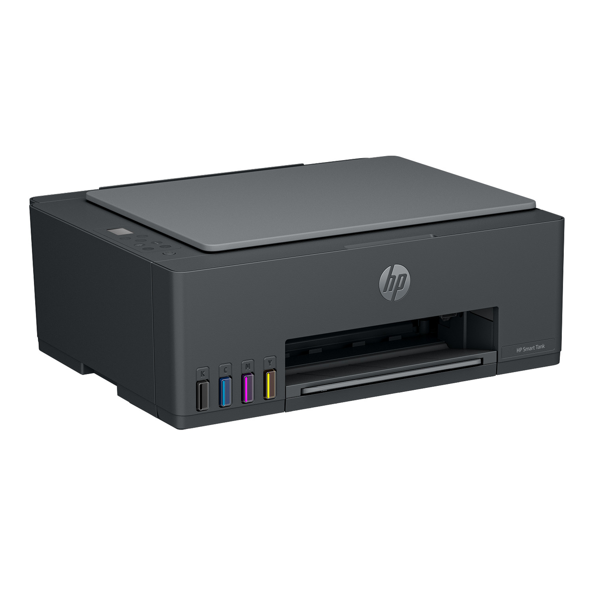 Una stampante grigia HP Smart Tank con serbatoi d'inchiostro visibili e il logo HP sul davanti.