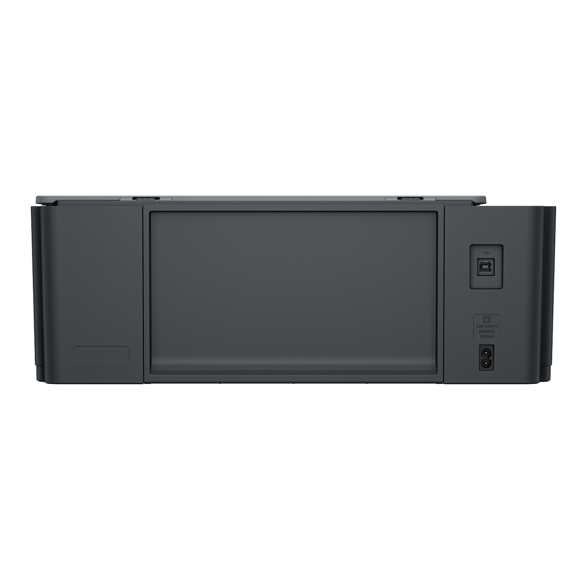 Vista posteriore di un dispositivo elettronico nero con porte di connessione a destra.