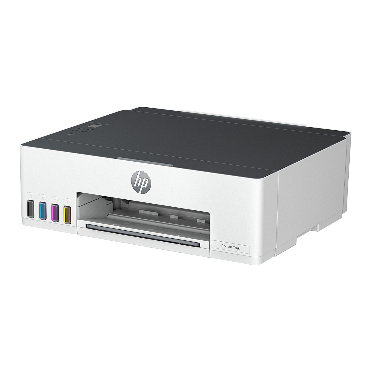 Una stampante HP Smart Tank bianca e grigia con serbatoi d'inchiostro visibili su sfondo bianco.