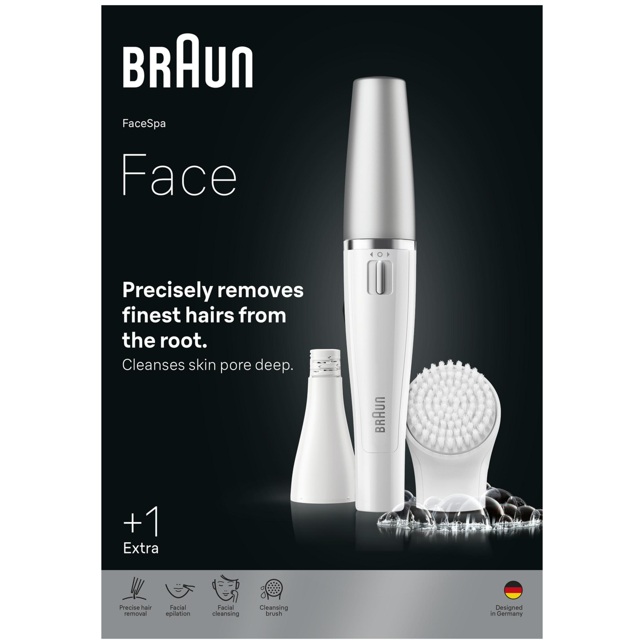 Epilatore e spazzola per la pulizia Braun FaceSpa su sfondo nero con bolle.