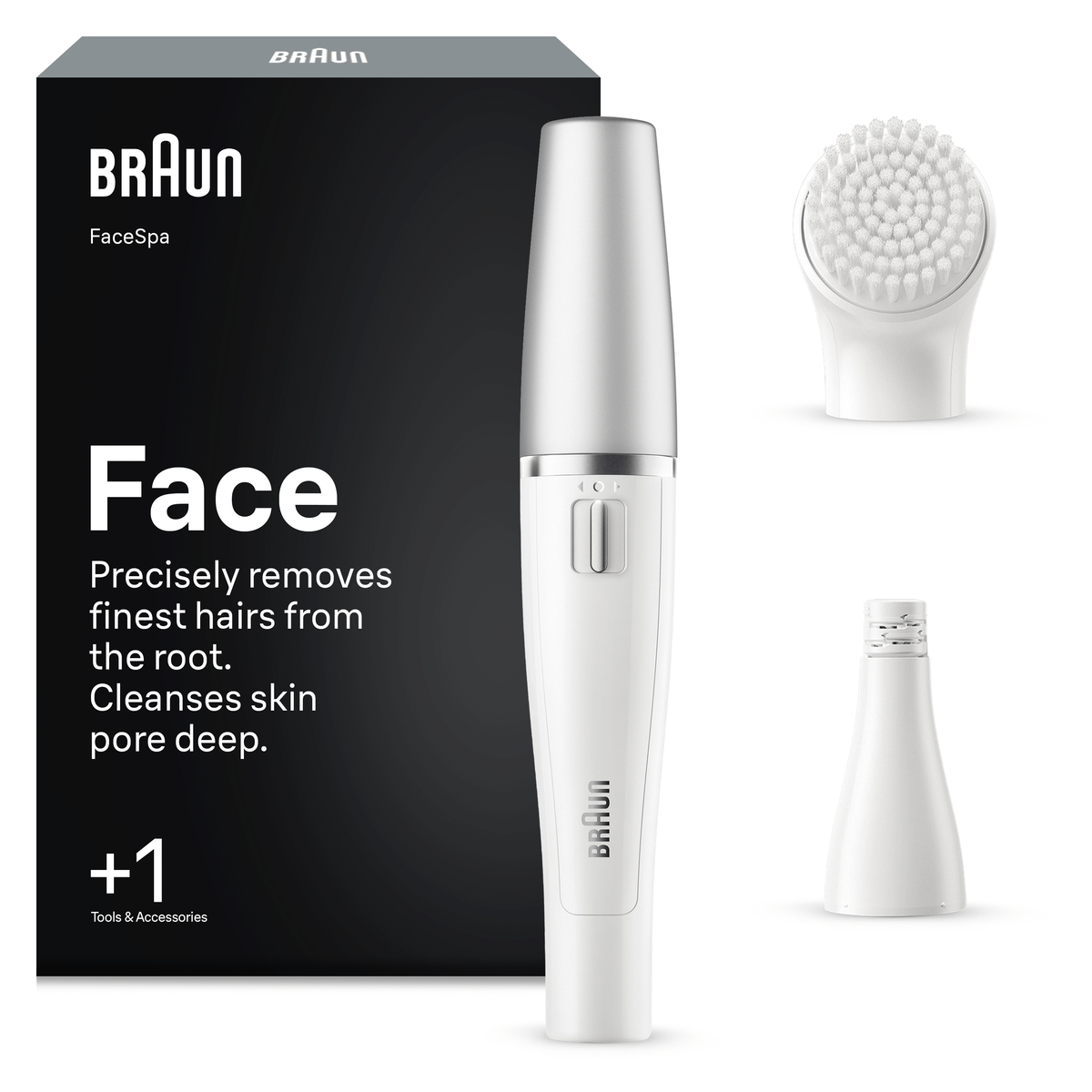 Braun FaceSpa bianco e argento, mostrato con la scatola nera, una testina a spazzola e un accessorio epilatore.