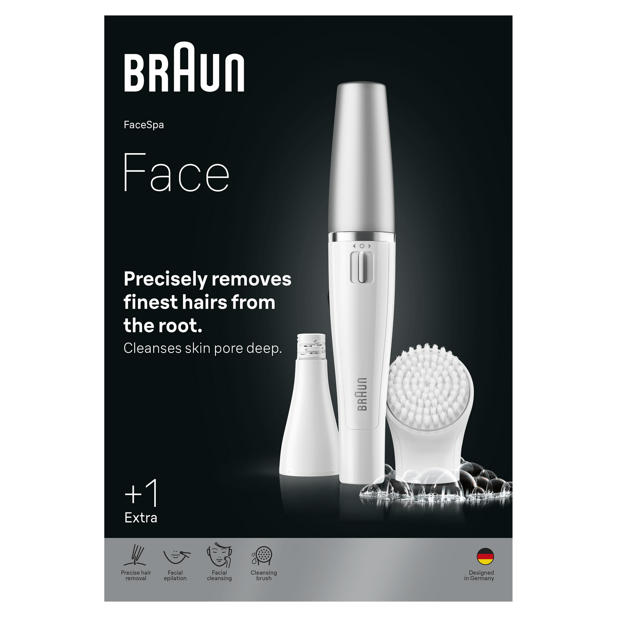 Pubblicità Braun FaceSpa con epilatore bianco, testina a spazzola e bolle di sapone su sfondo nero.