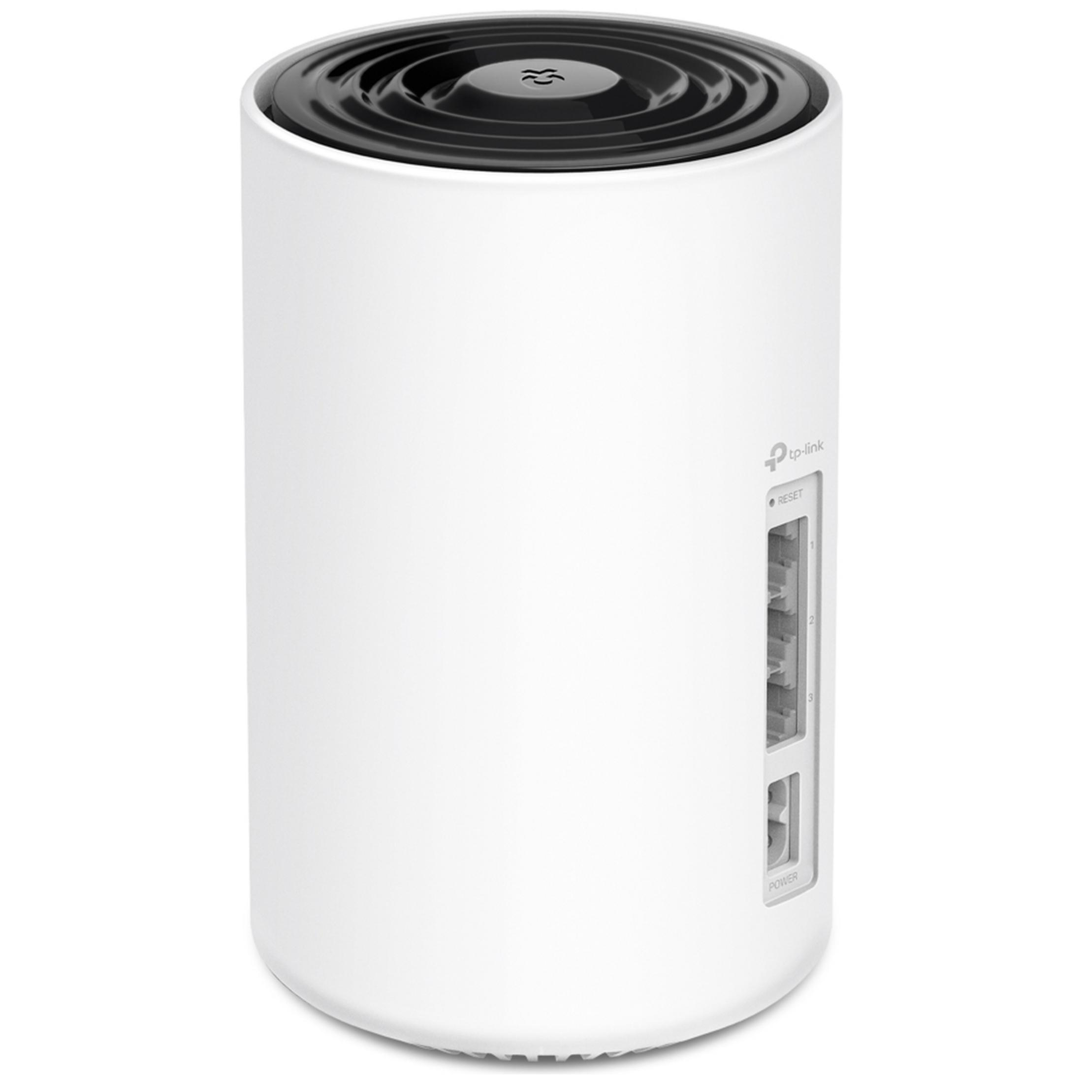 Een cilindrische witte wifi-router met een zwarte geribbelde bovenkant en Ethernet-poorten aan de zijkant.