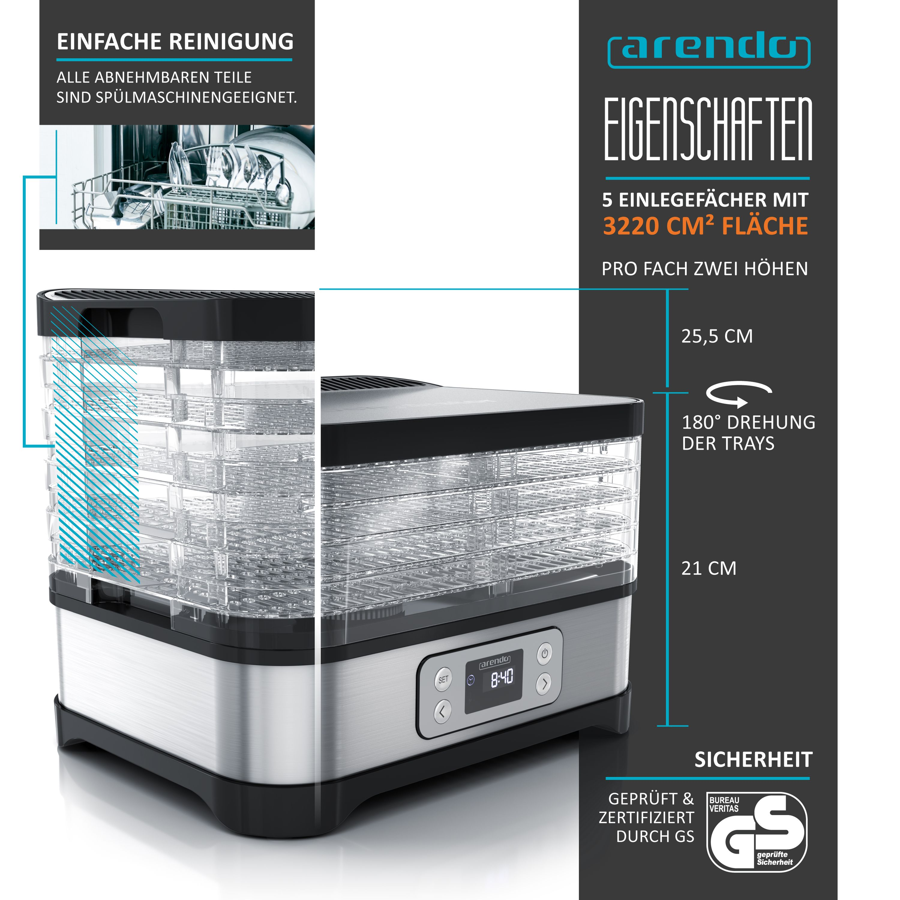 Arendo-Lebensmittelautomat mit Edelstahlgehäuse, Digitalanzeige und mehreren transparenten Etagen.