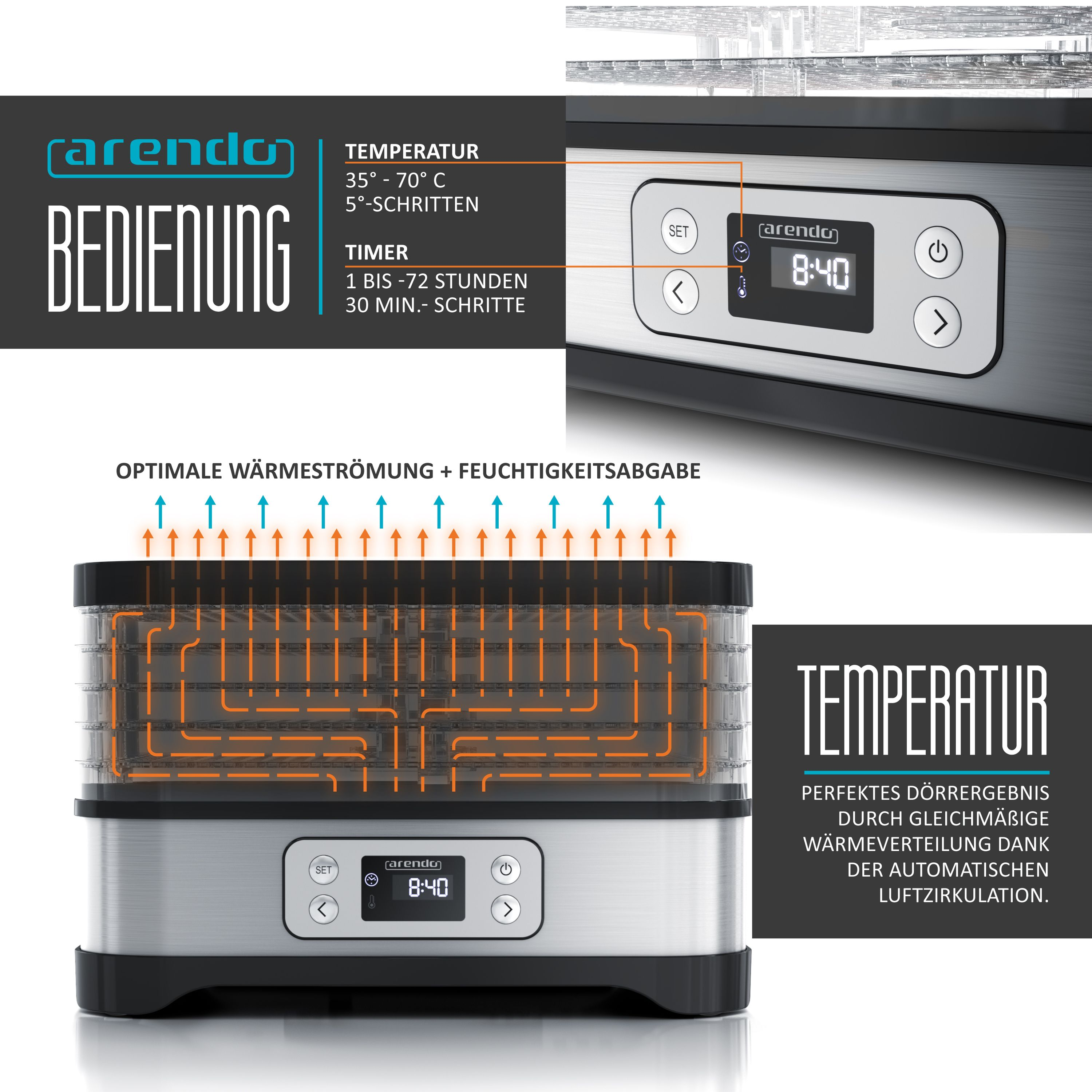 Dehydrator mit digitalem Display und Pfeilen zeigt gleichmäßige Wärmezirkulation und Temperatursteuerung.