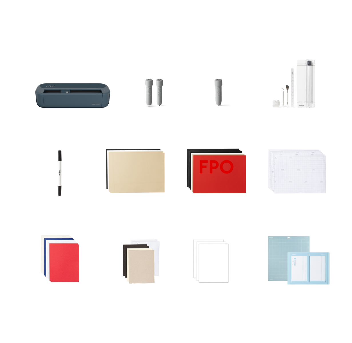 Una colección de equipos, herramientas y materiales de manualidades Cricut sobre un fondo blanco.