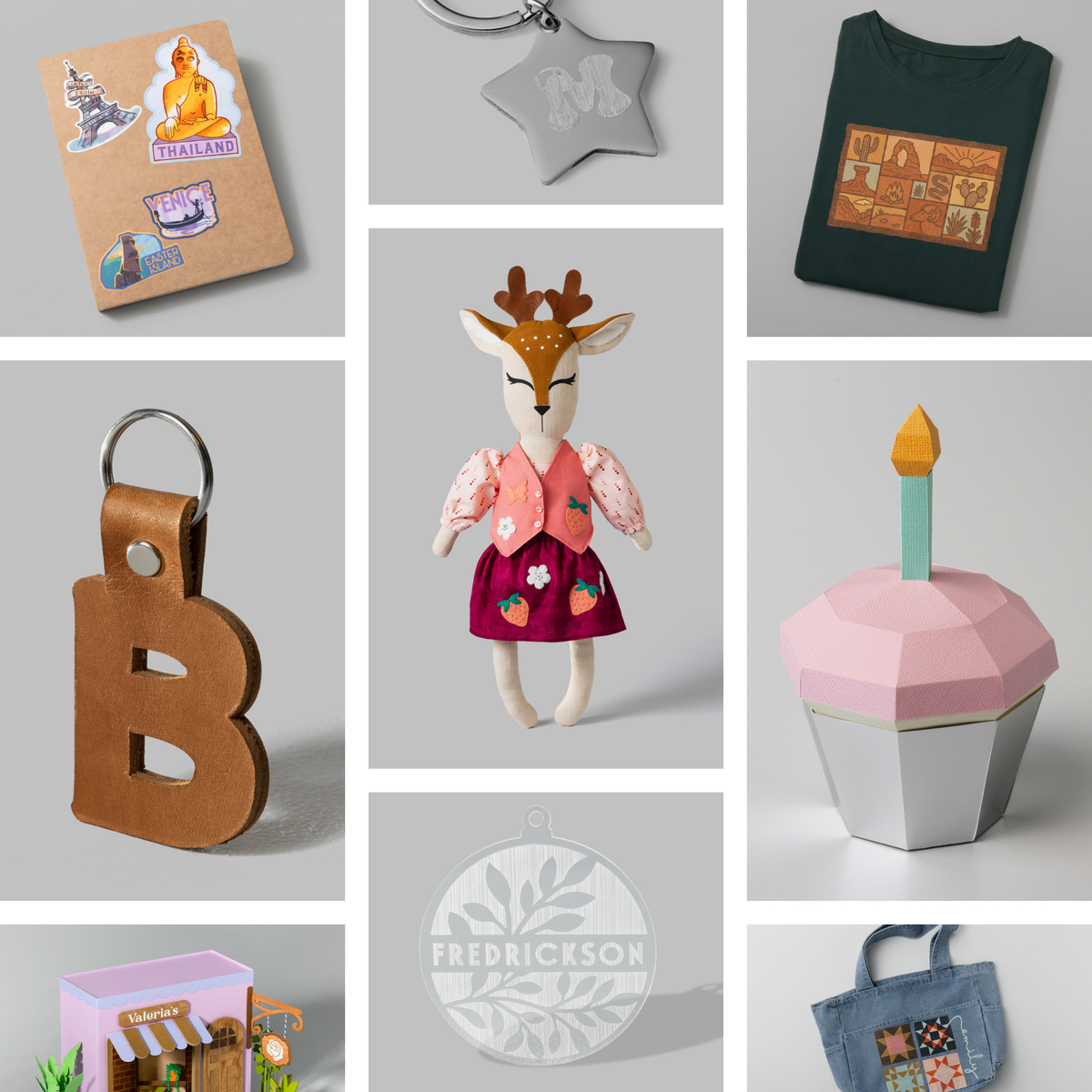 Un collage que muestra varias manualidades y productos de diseño sobre un fondo gris.