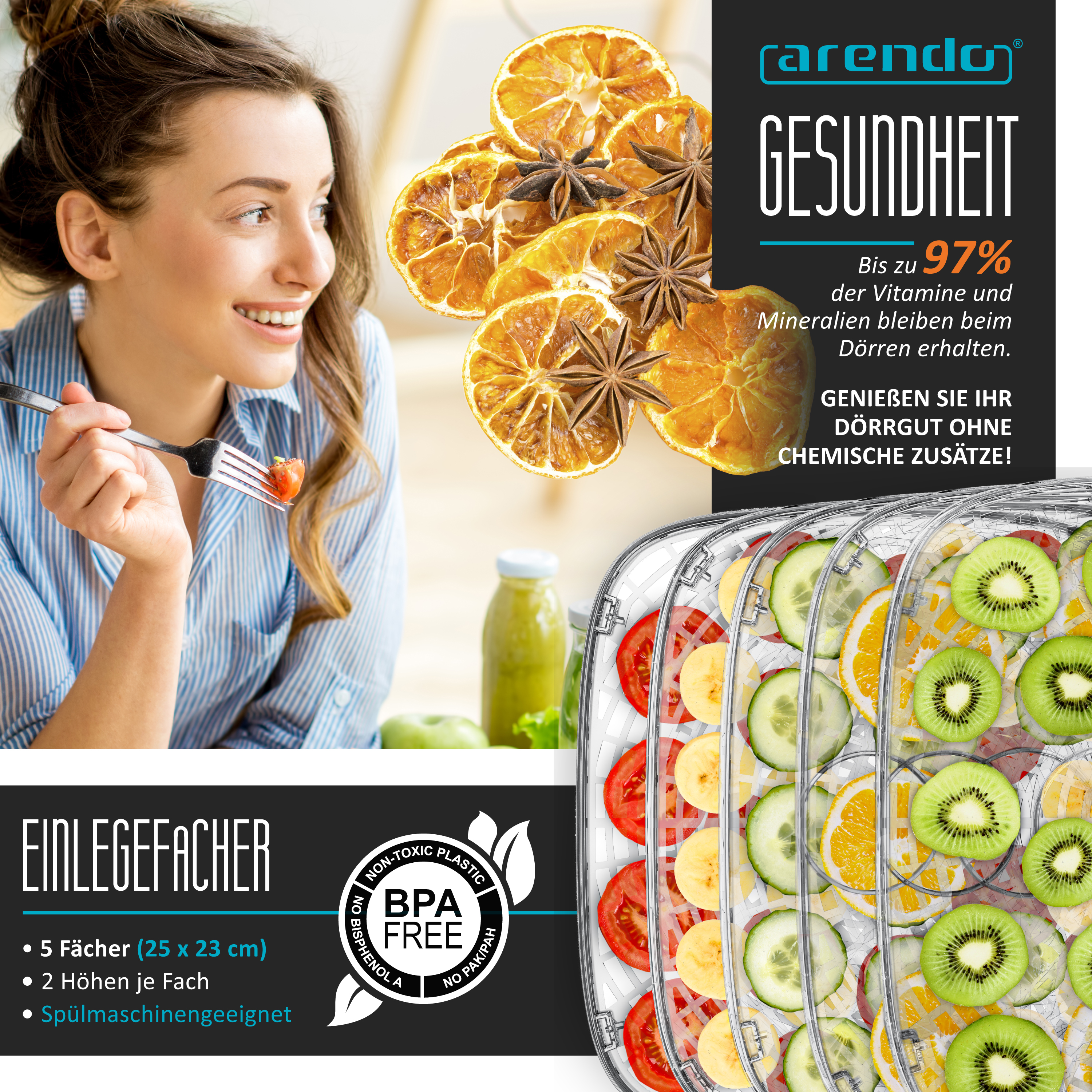 Eine Frau hält eine Gabel mit Essen, daneben sind getrocknete Früchte, ein Dörrgerät mit Obst und Text zu sehen.