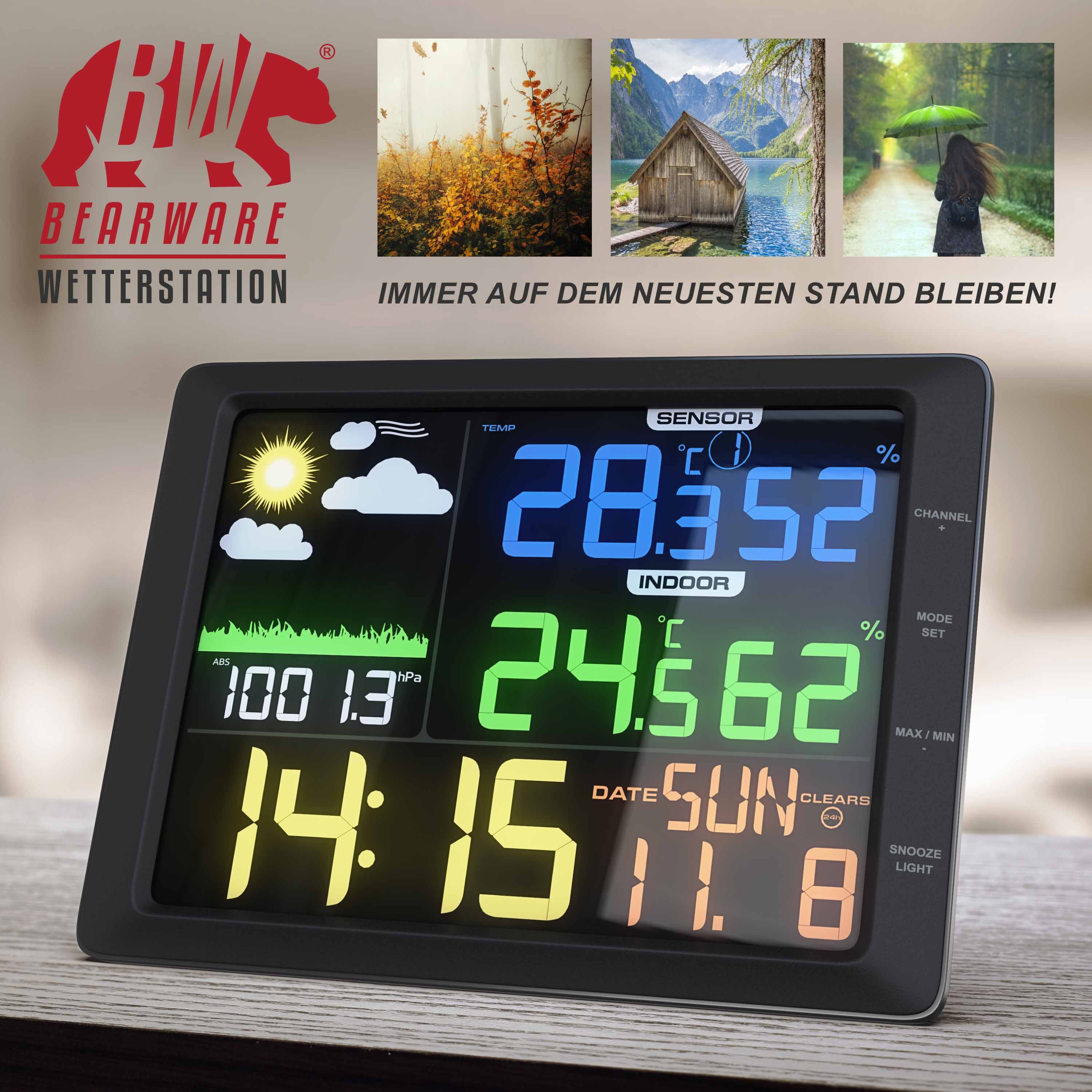 Bearware Wetterstation mit digitalem Farbdisplay zeigt Temperatur, Luftfeuchtigkeit, Zeit und Wetter an.