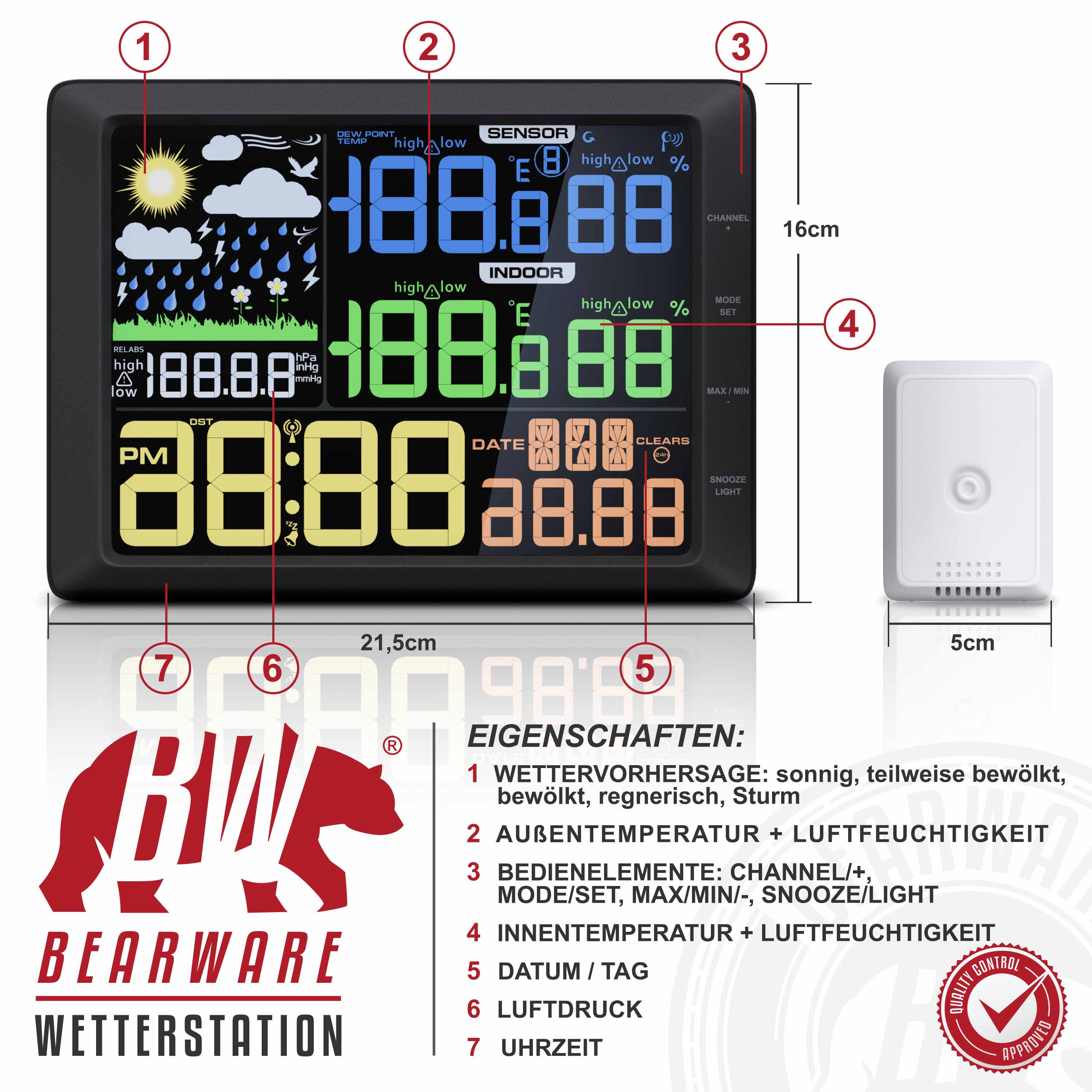 Digitale Wetterstation mit Farbdisplay, Sensoren und Abmessungen sowie Bearware-Logo.