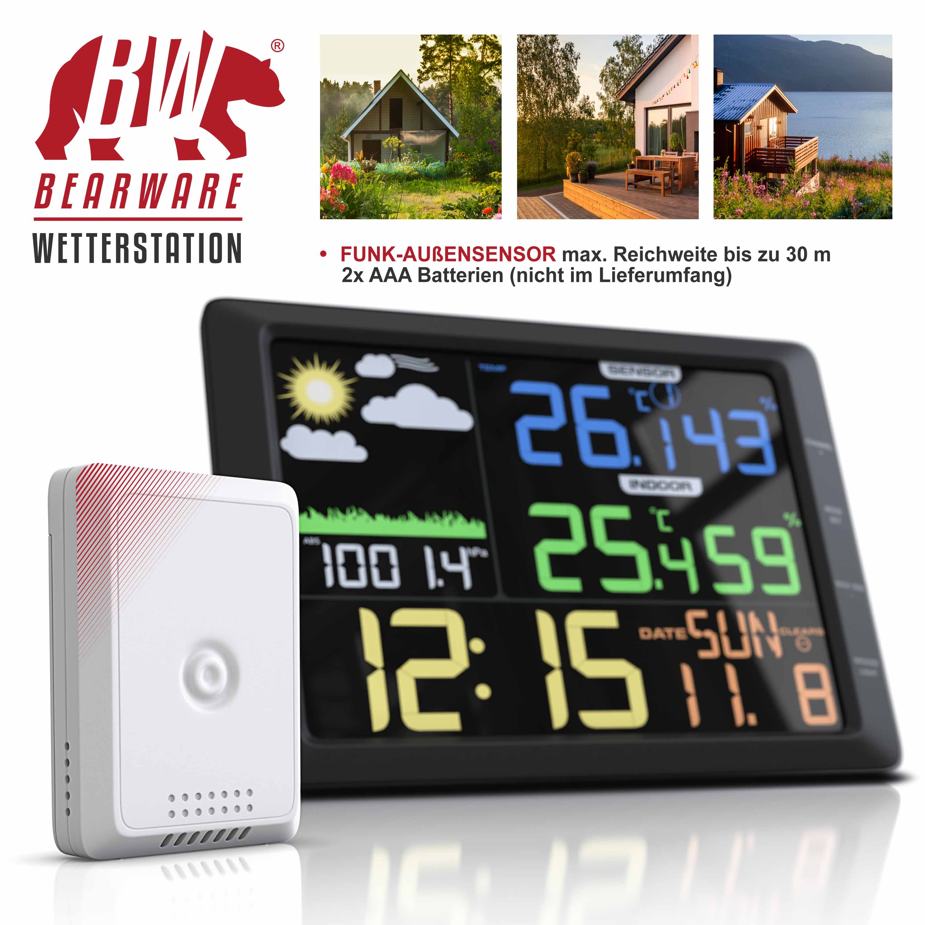 Bearware Wetterstation mit Digitaldisplay und weißem Außensensor.