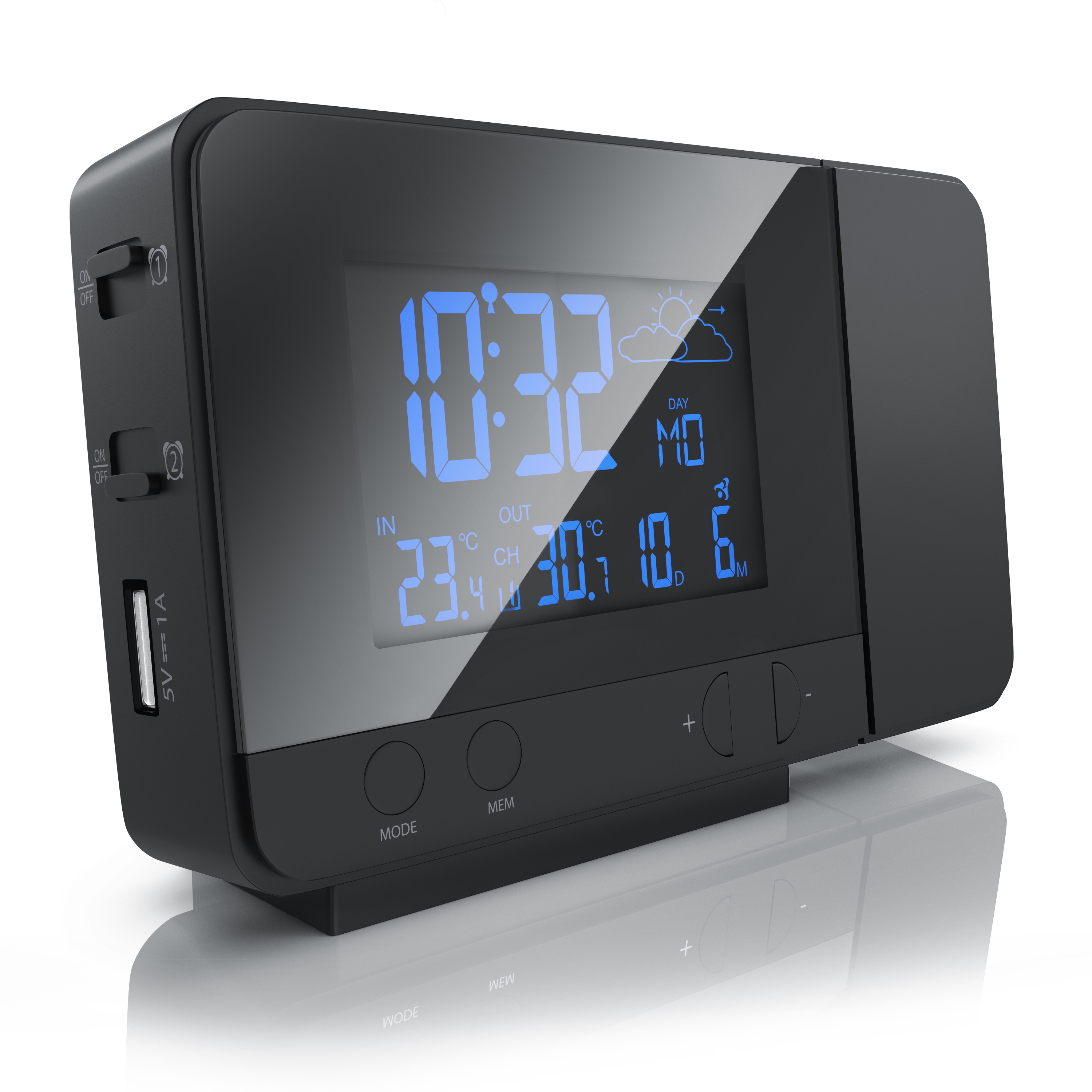 Ein schwarzer digitaler Projektionswecker mit blau leuchtendem LCD-Bildschirm für Zeit, Temperatur und Wetter.