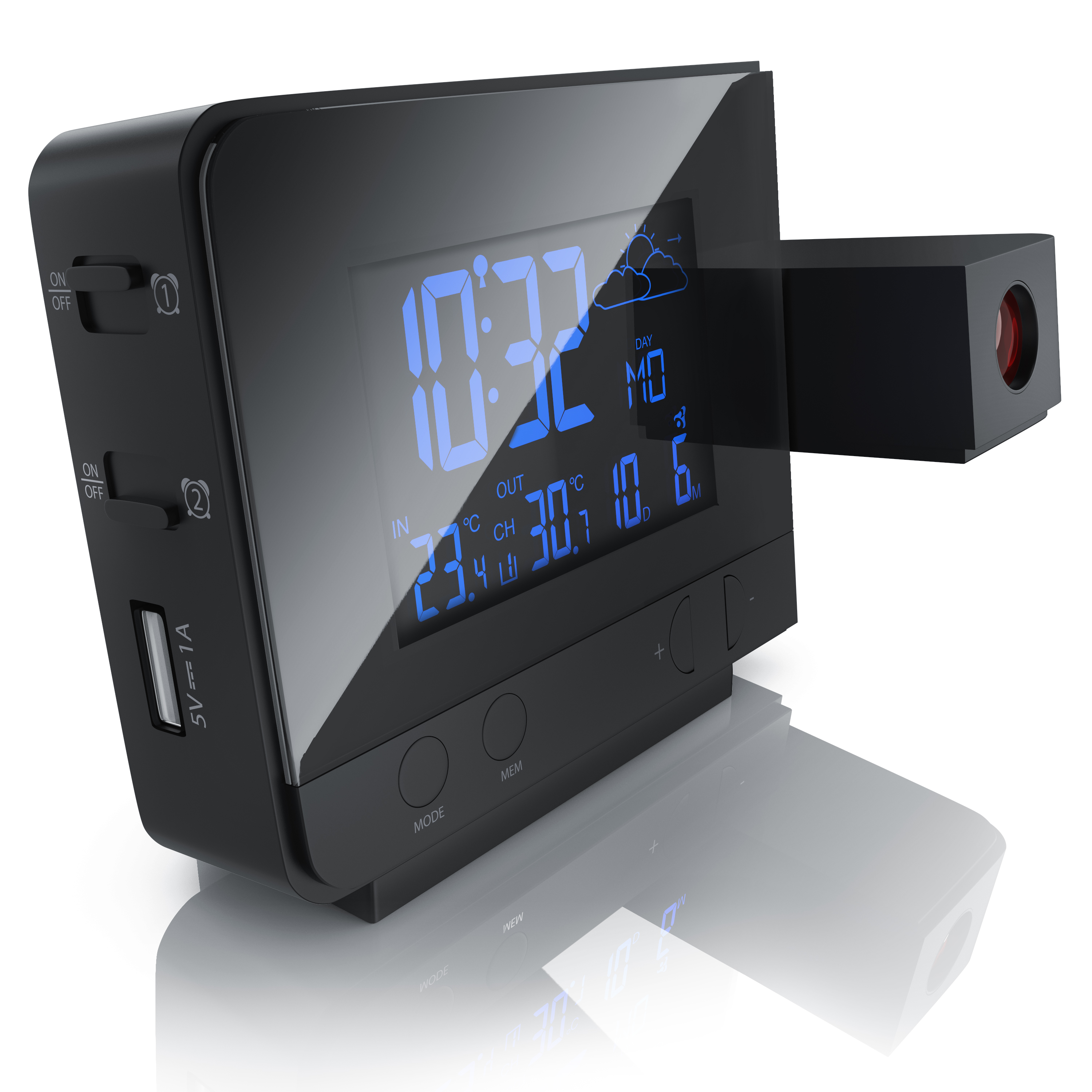 Schwarzer digitaler Wecker mit blauer LCD-Anzeige und seitlichem Projektor.