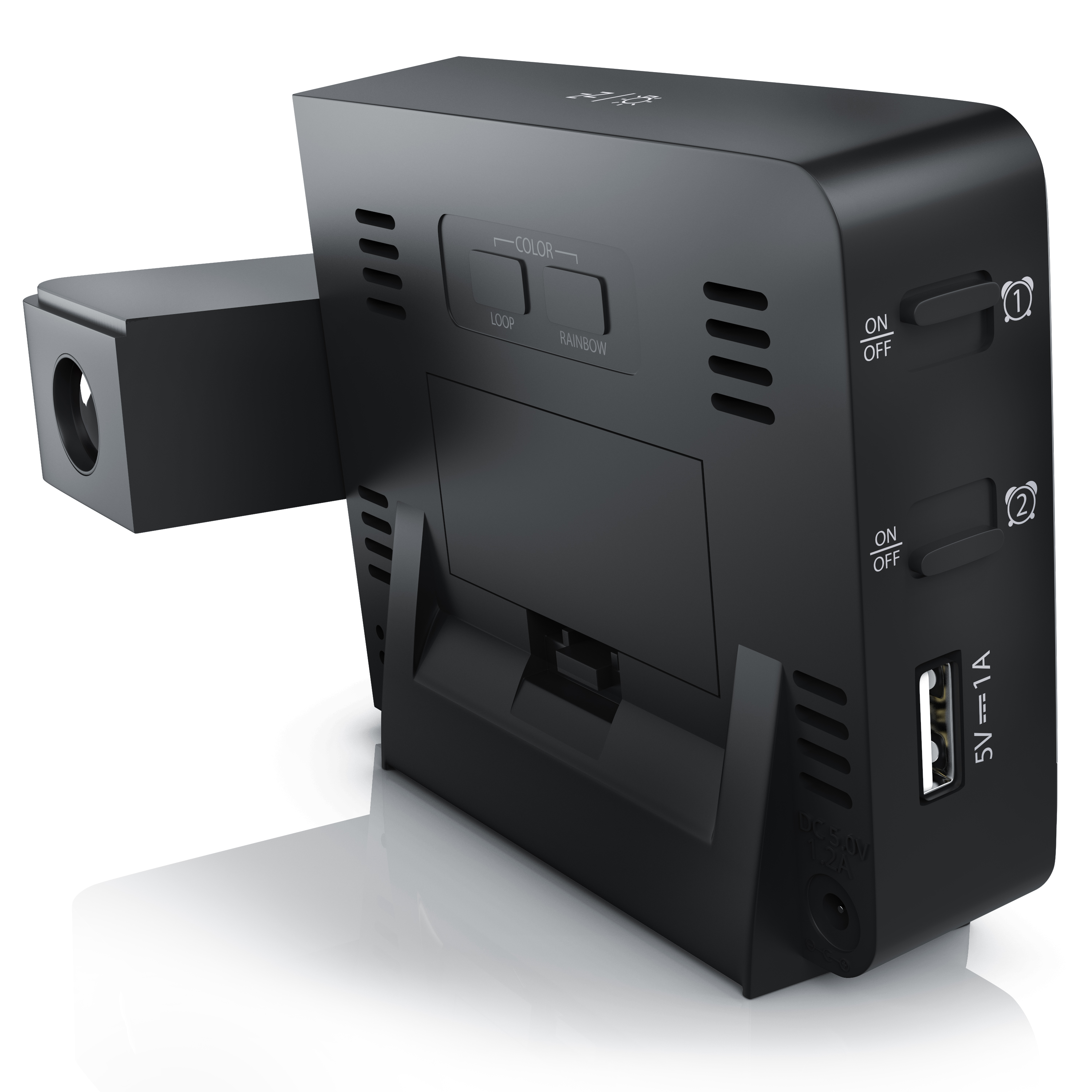 Schwarzes elektronisches Gerät mit Tasten, USB-Anschluss und projizierendem Objektiv auf weißem Hintergrund.
