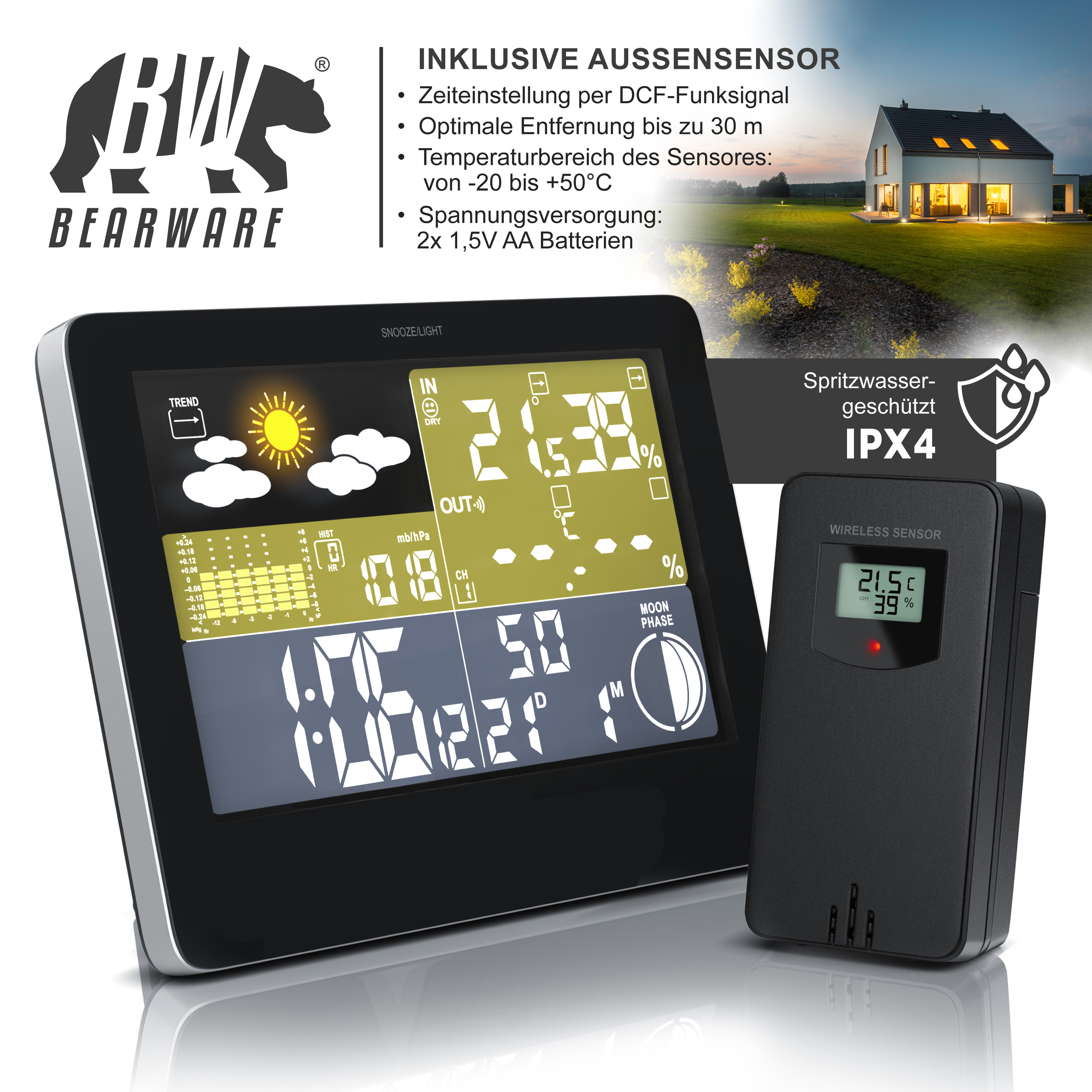 Wetterstation mit Display und Funksensor zeigt Temperatur, Luftfeuchtigkeit, Wettertrend und Mondphase an.