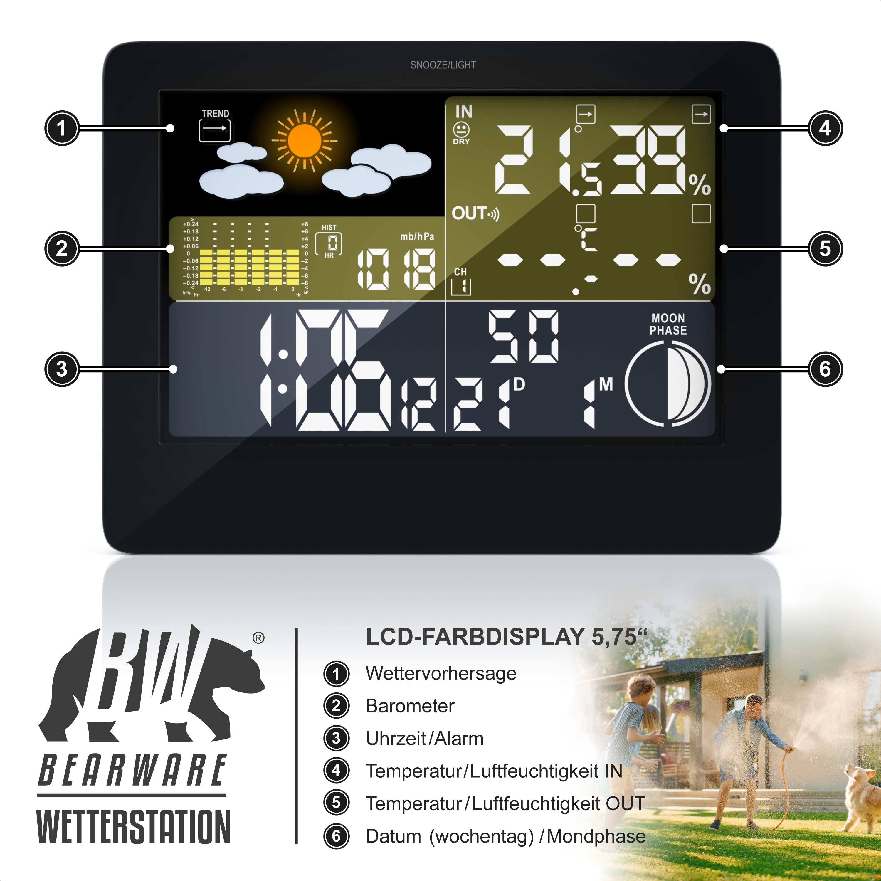Digitale Wetterstation mit LCD-Farbdisplay, die Zeit, Wetter, Temperatur und Luftfeuchtigkeit anzeigt.
