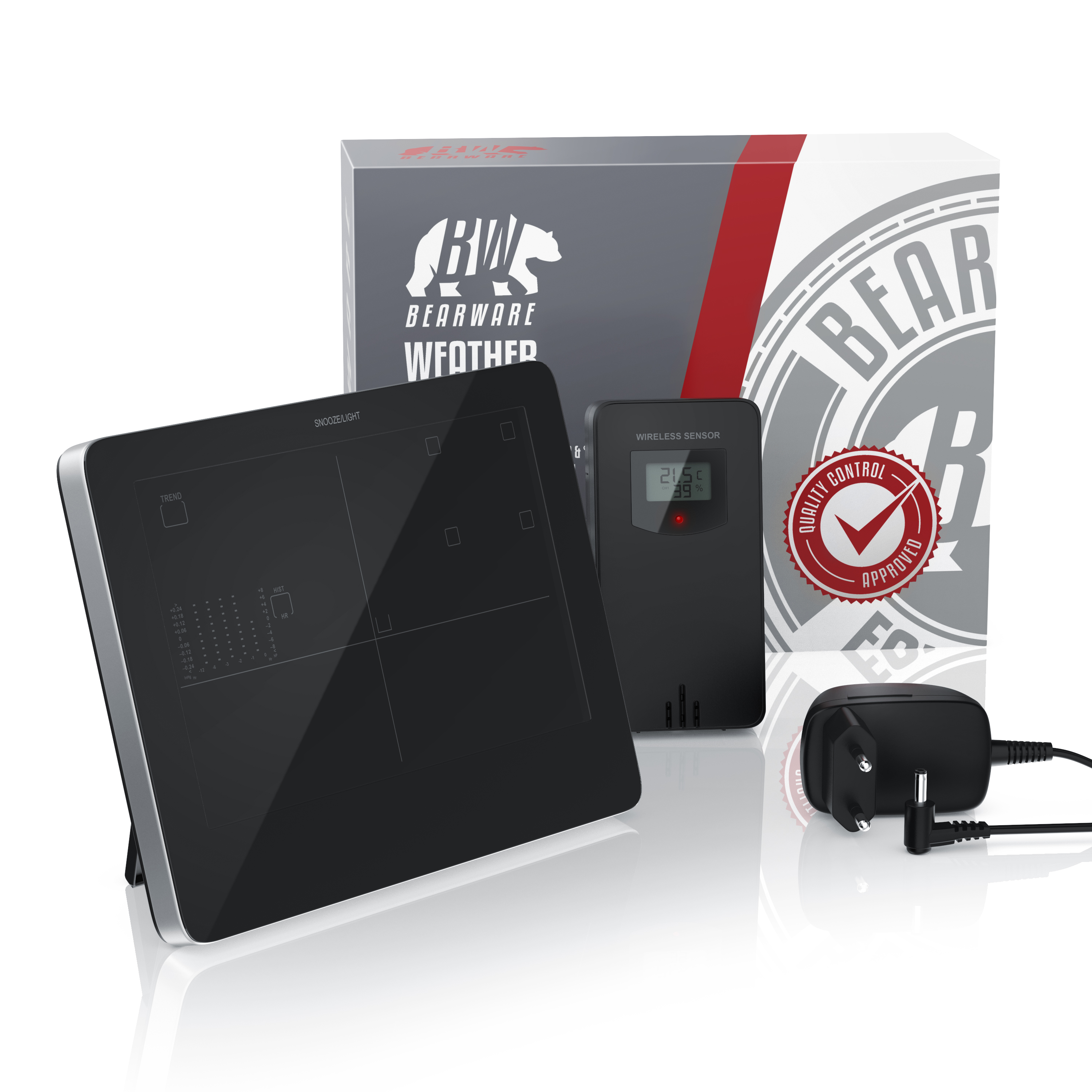 Wetterstation mit Display, Funksensor, Netzteil und Produktverpackung auf weißem Hintergrund.