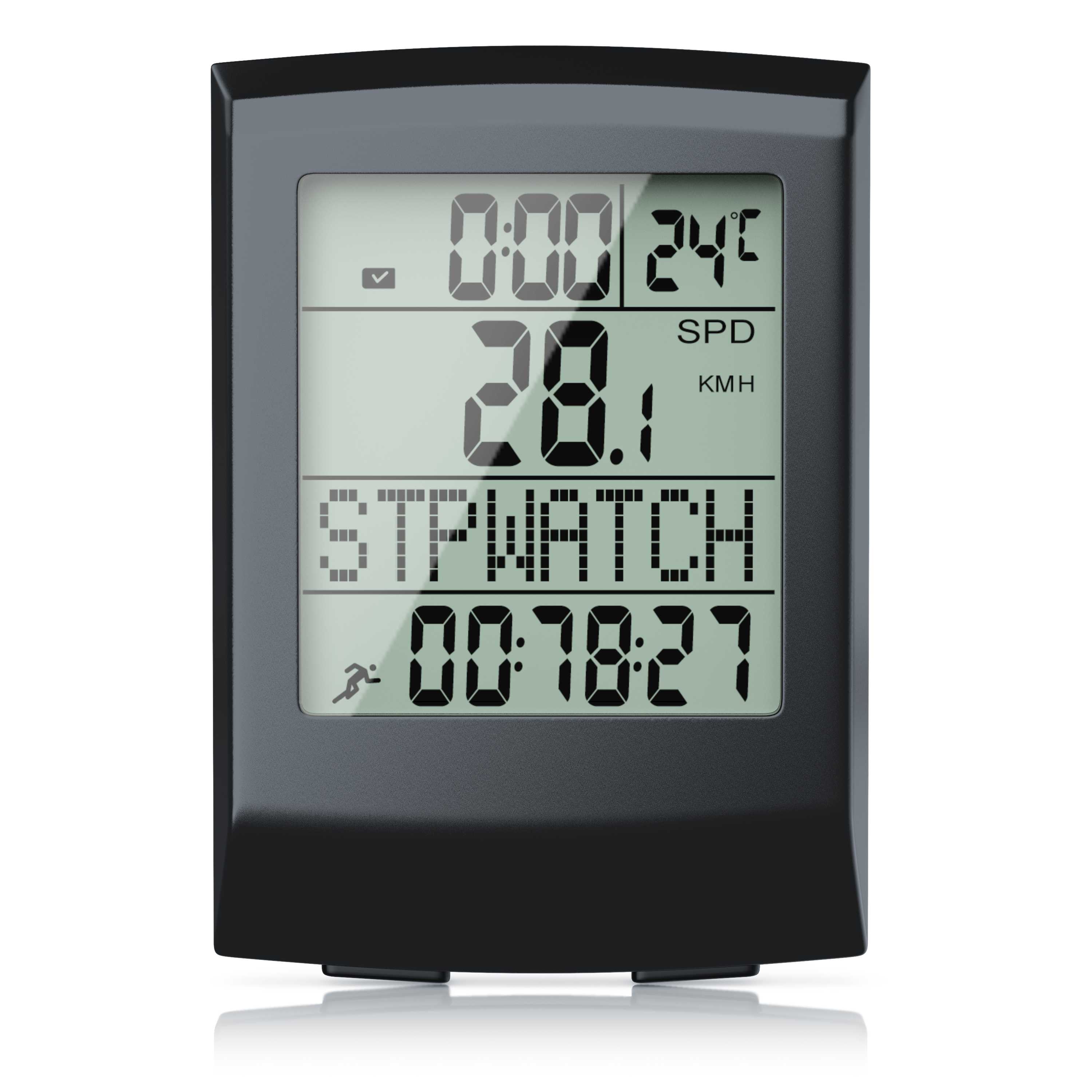 Ein schwarzer Fahrradcomputer mit LCD-Bildschirm zeigt Geschwindigkeit, Temperatur und eine Stoppuhr an.