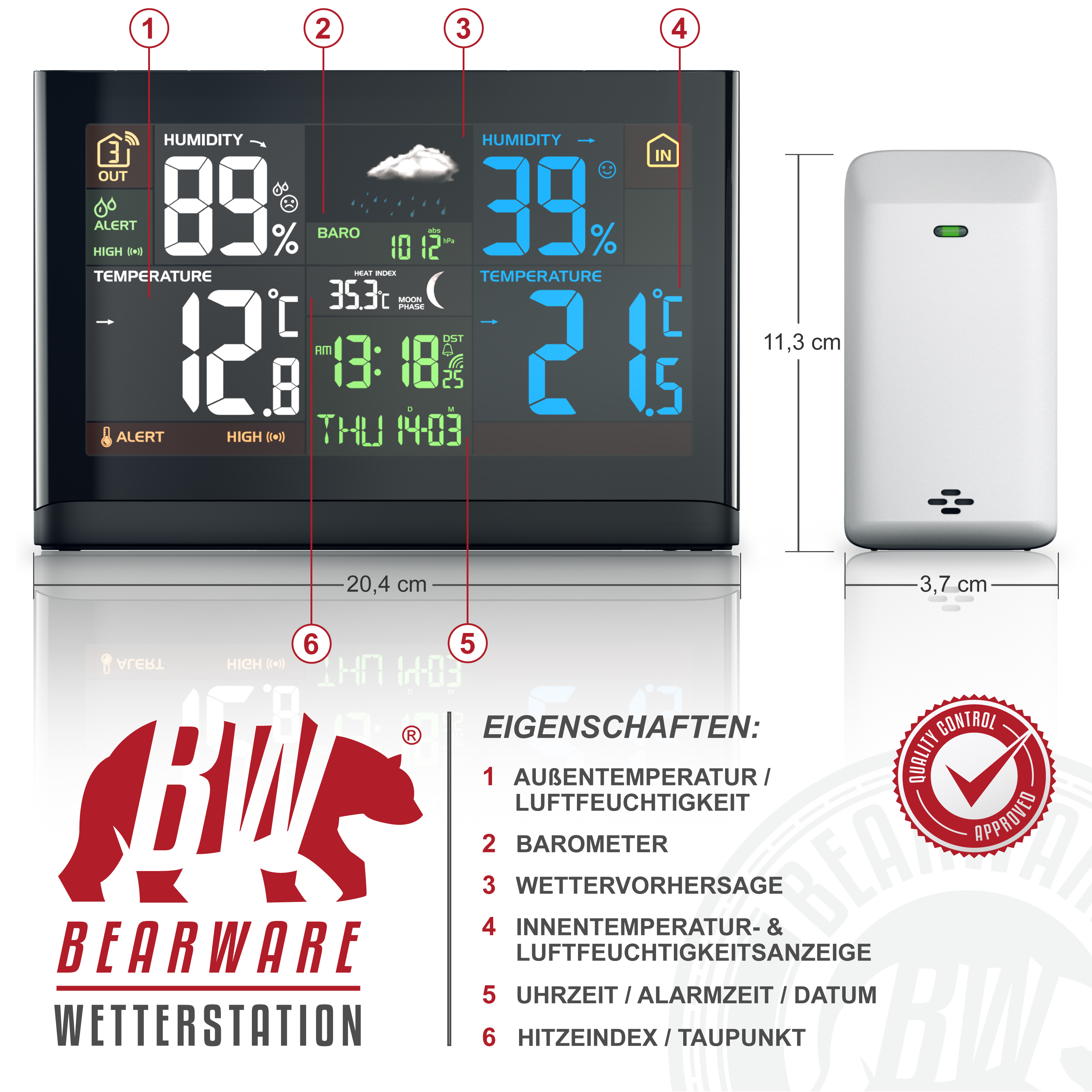 Digitale Wetterstation mit Außensensor, Display zeigt Temperatur, Luftfeuchtigkeit, Uhrzeit und Wetter an.