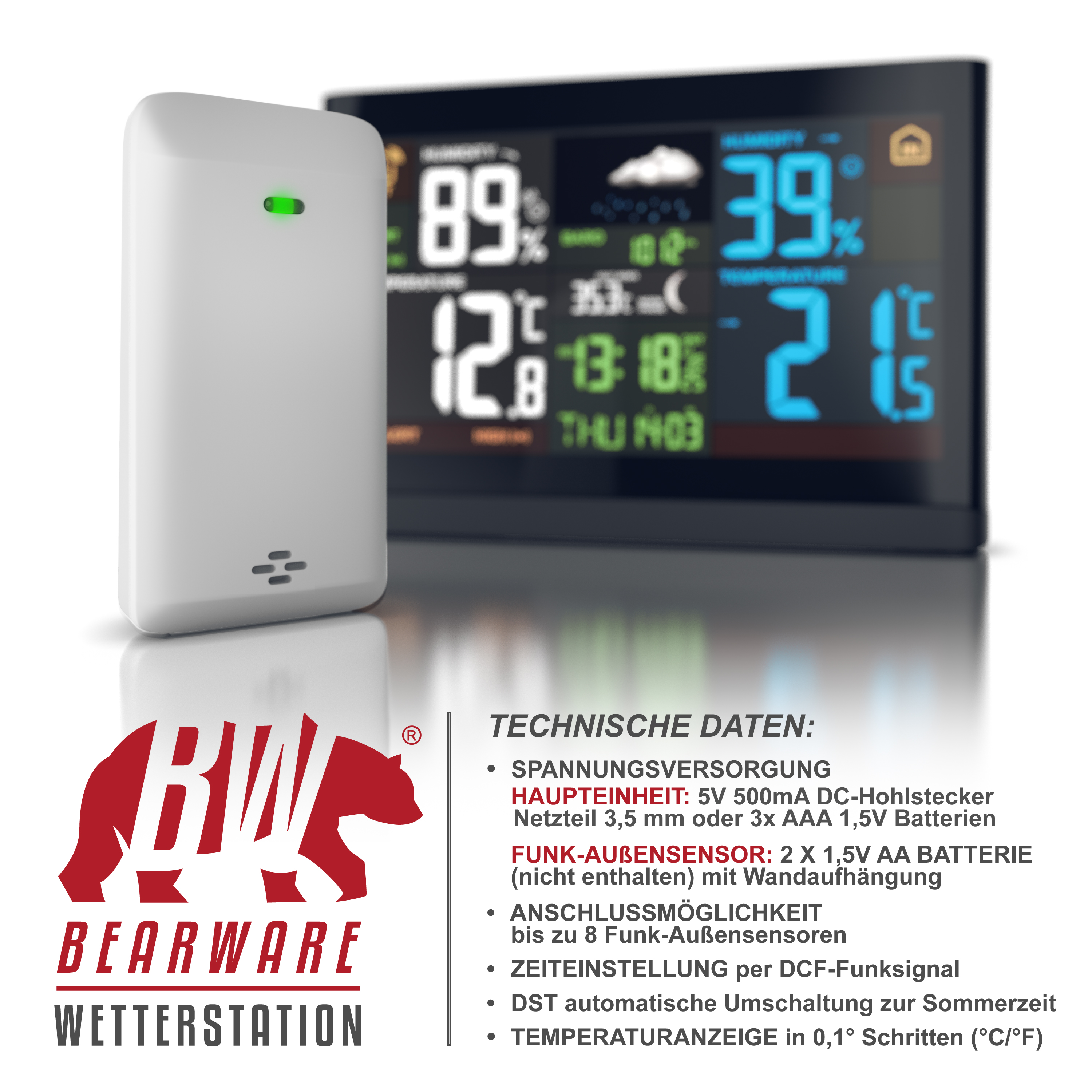 Bearware Wetterstation mit weißem Außensensor, Farbdisplay und technischen Daten.
