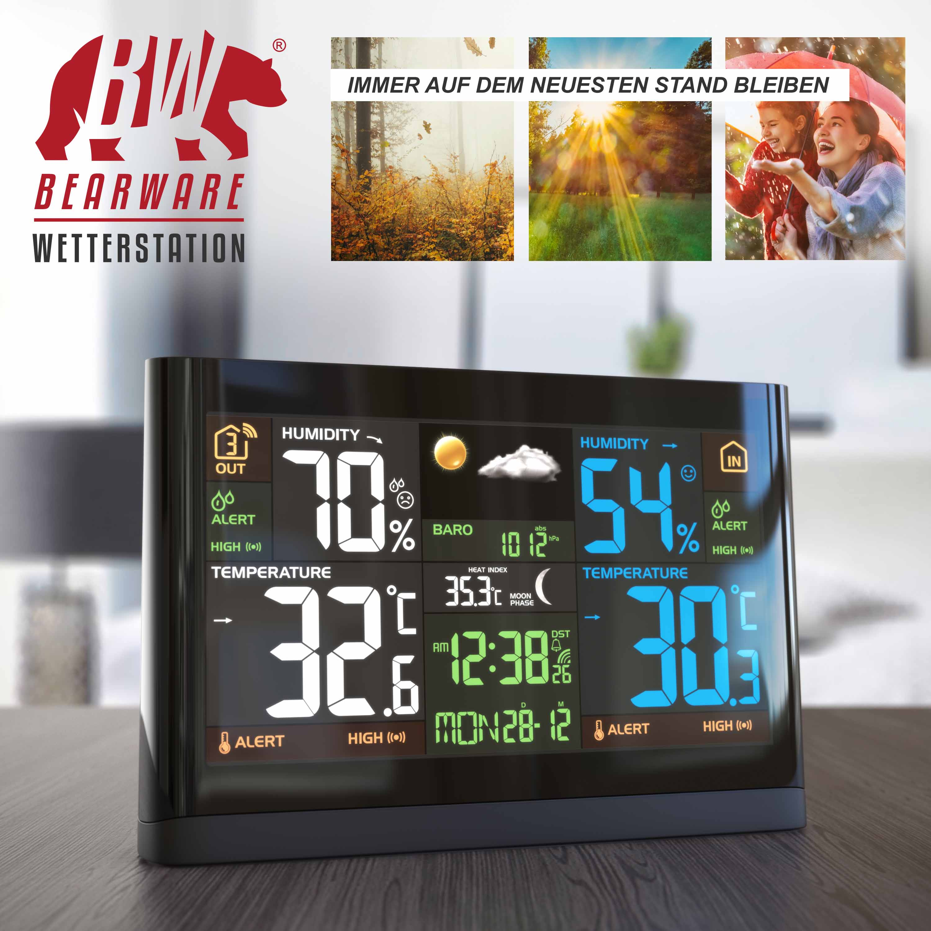 Bearware Wetterstation mit digitalem Farbdisplay zeigt Temperatur, Luftfeuchtigkeit und Wetterdaten an.